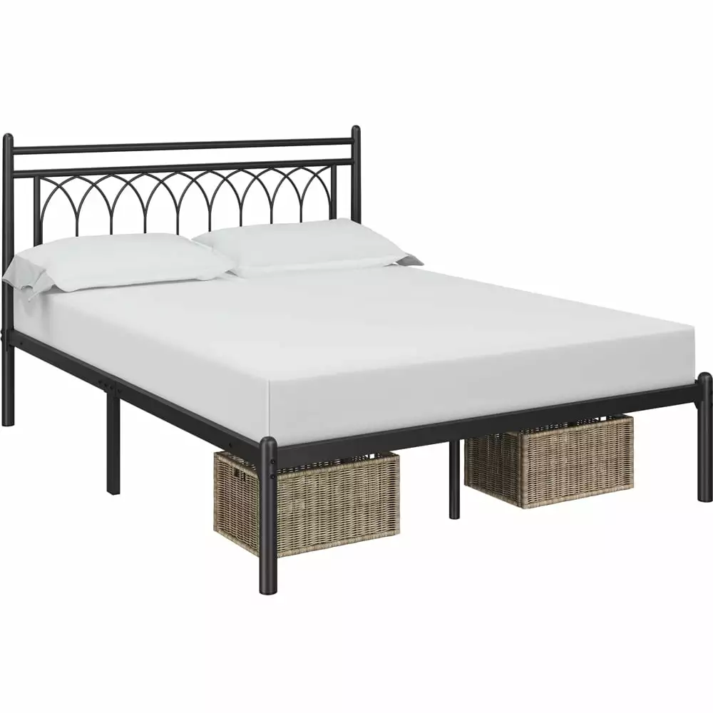 Topeakmart Modern Queen Size Metal Platform Bed with Petal Accented Headboard. Black