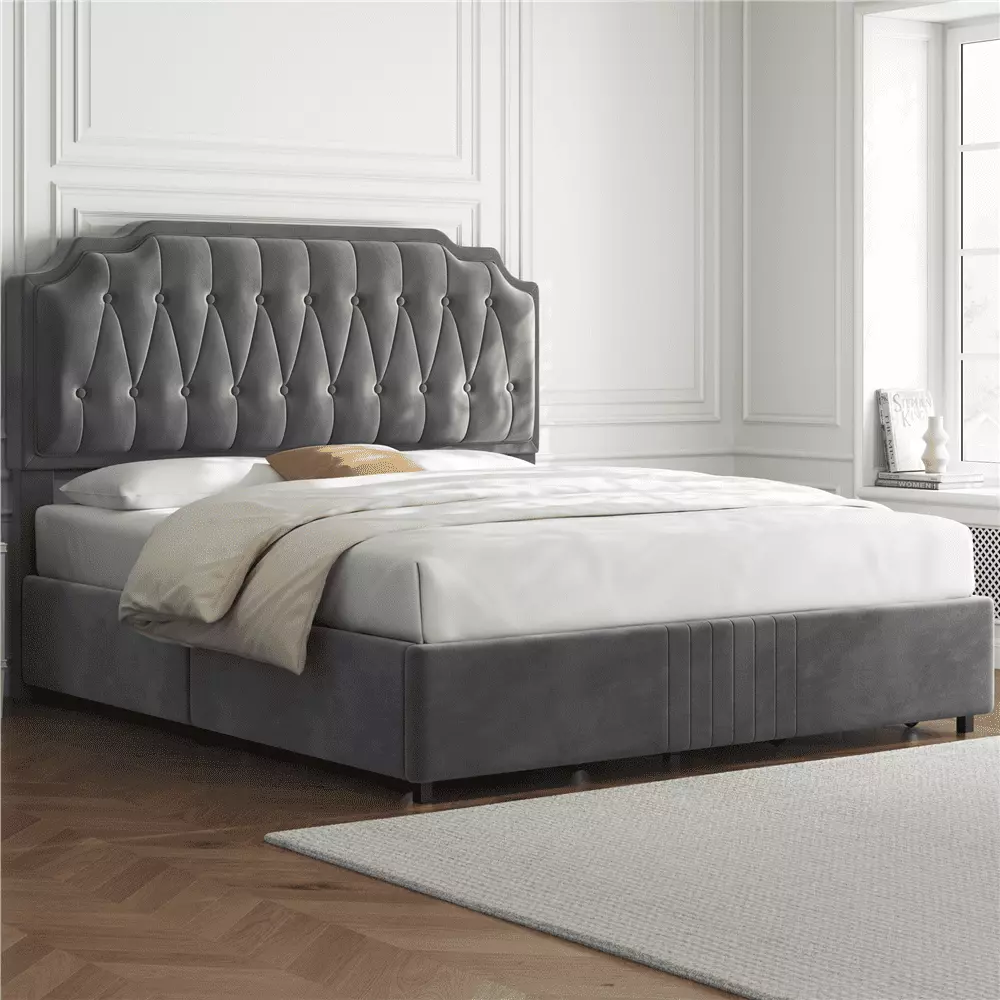 Topeakmart Modern Queen Upholstered Bed with 4 Storage Drawers & Button-Tufted Headboard. Dark Gray