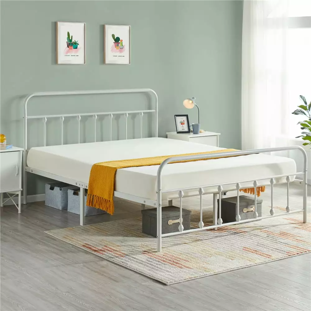 Topeakmart Queen Metal Bed Frame Spindle Headboard & Footboard. White