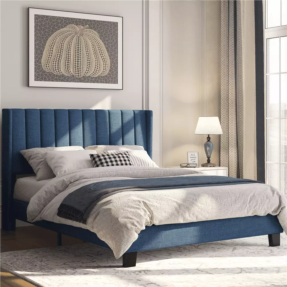 Topeakmart Queen Platform Bed with Upholstered Headboard & Mattress Foundation. Navy Blue