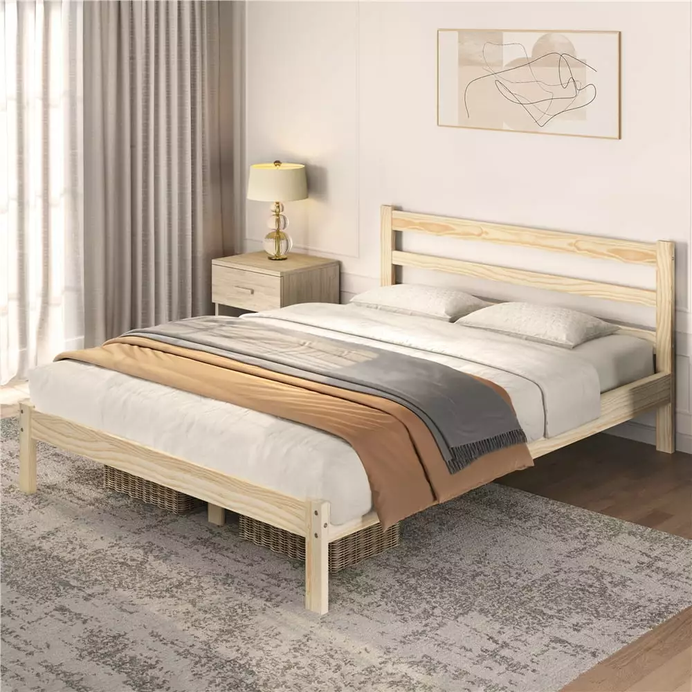 Topeakmart Queen Wooden Platform Bed Frame with Headboard. Wood