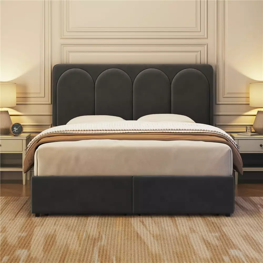 Topeakmart Upholstered Bed with 4 Storage Drawers and Arch Channel Tufted Headboard. Queen. Dark Gray