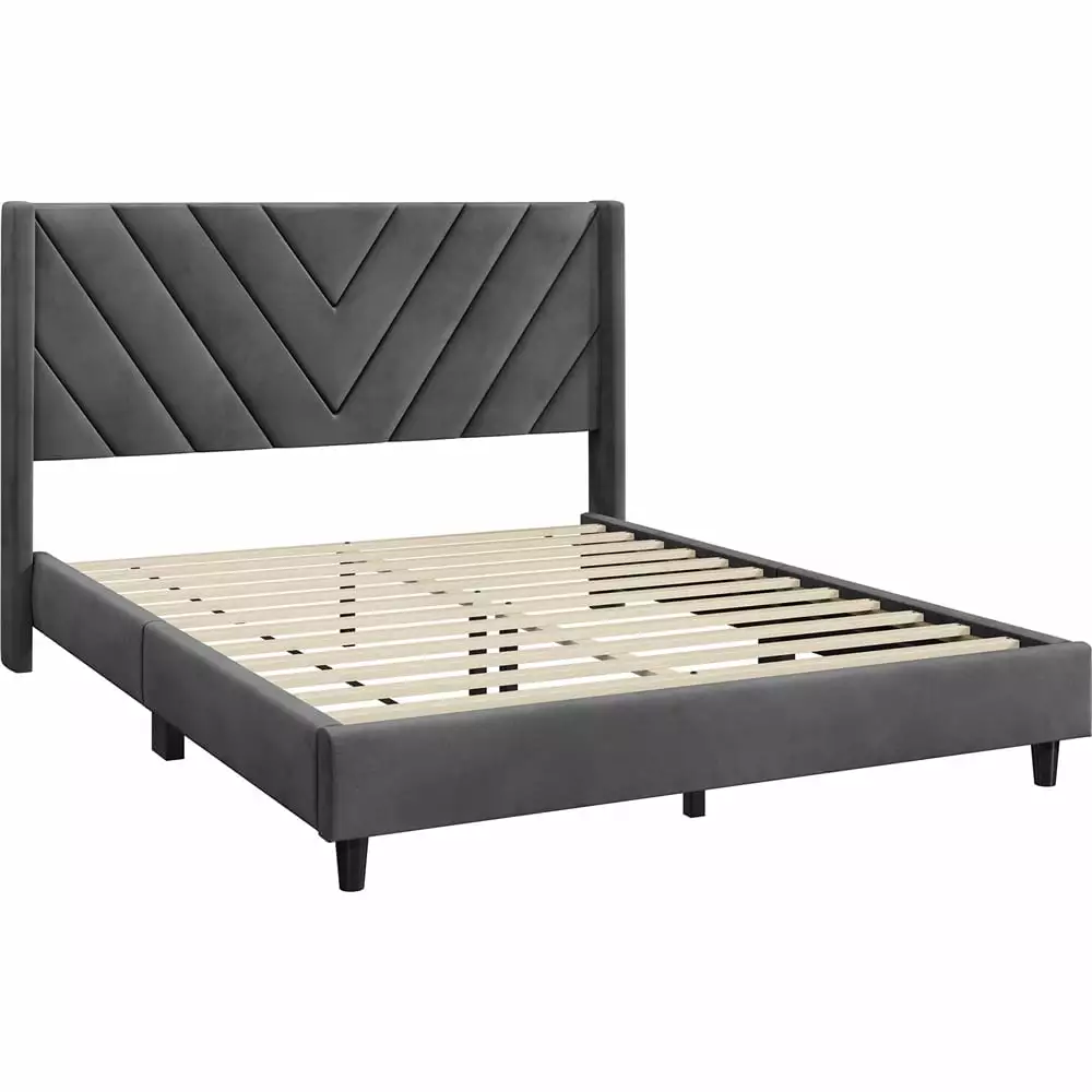 Topeakmart Upholstered Platform Bed with Tufted Headboard. Queen. Dark Gray