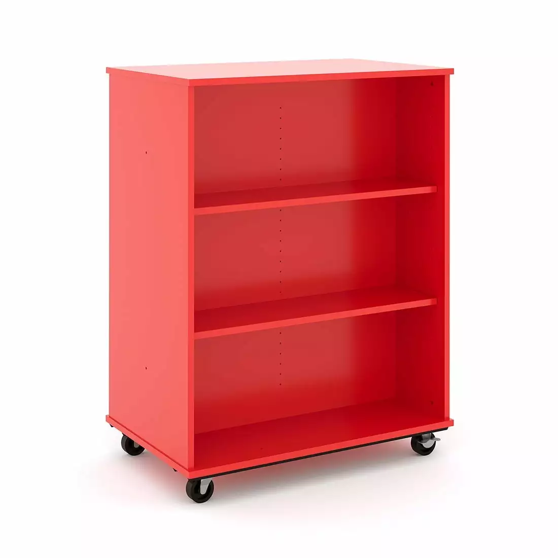 Tot Mate Open Double Sided 3 Tier Mobile Shelves Wooden Classroom Bookcase. Red. 36W x 23D x 48H