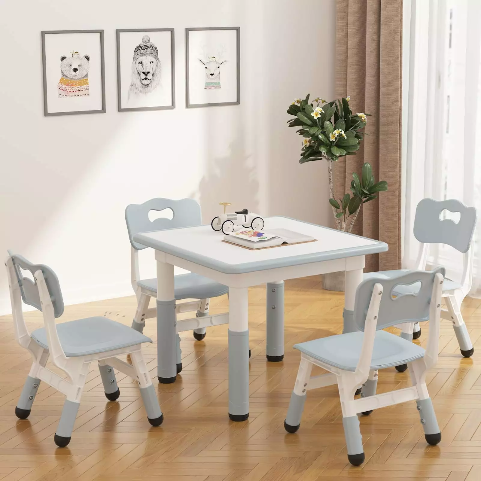 Towallmark Kids Table and 4 Chairs Set with Graffiti Desktop. Height Adjustable Toddler Table and Chairs Set. Activity Table Play Table Water Table Sand Table for Reading. Drawing. Playing. Eating