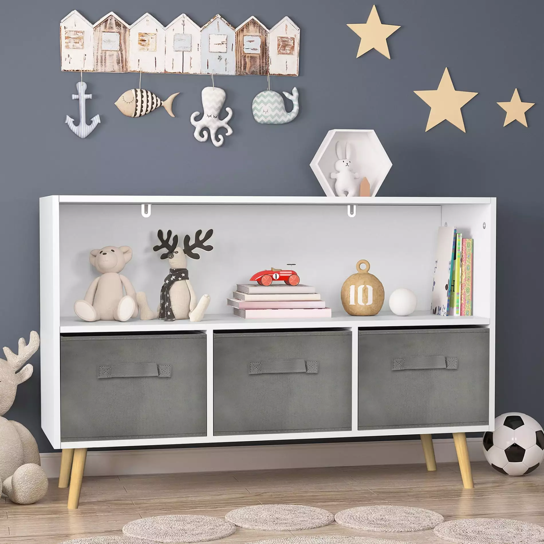 Toy Storage Organizer. Kids Low Bookcase with 3 Collapsible Fabric Drawers and Open Shelf. Storage Cabinet Book Display Bookshelf with Wooden Legs for Children's Room. Playroom. White+Gray