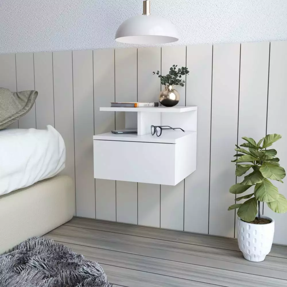 We Have Furniture. Floating Nightstand Flopini. One Drawer. White Finish-Bedroom