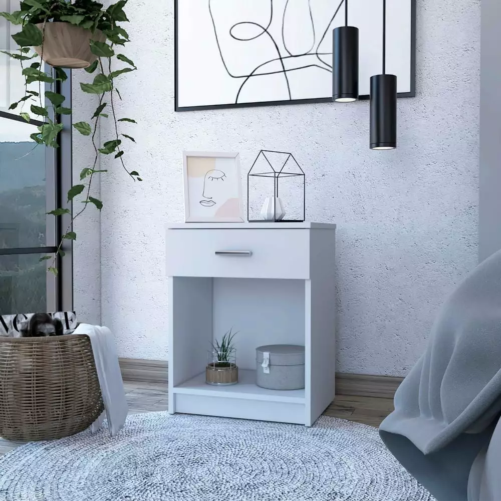 Treevol Furniture. Nightstand Coco.Nightstand. Single Drawer. Lower Shelf. White- Bedroom