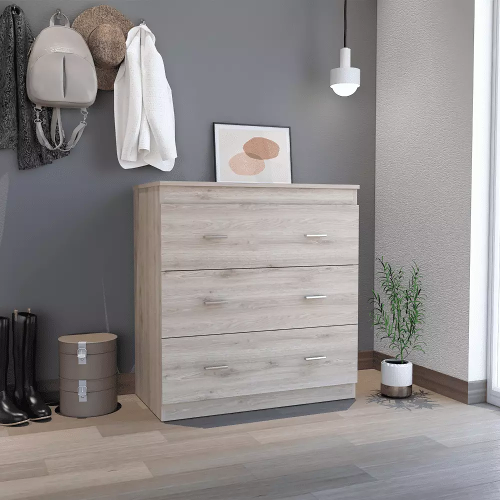 Treevol Furniture. Three Drawer Dresser Whysk. Superior Top. Handles. Light Gray / White Finish