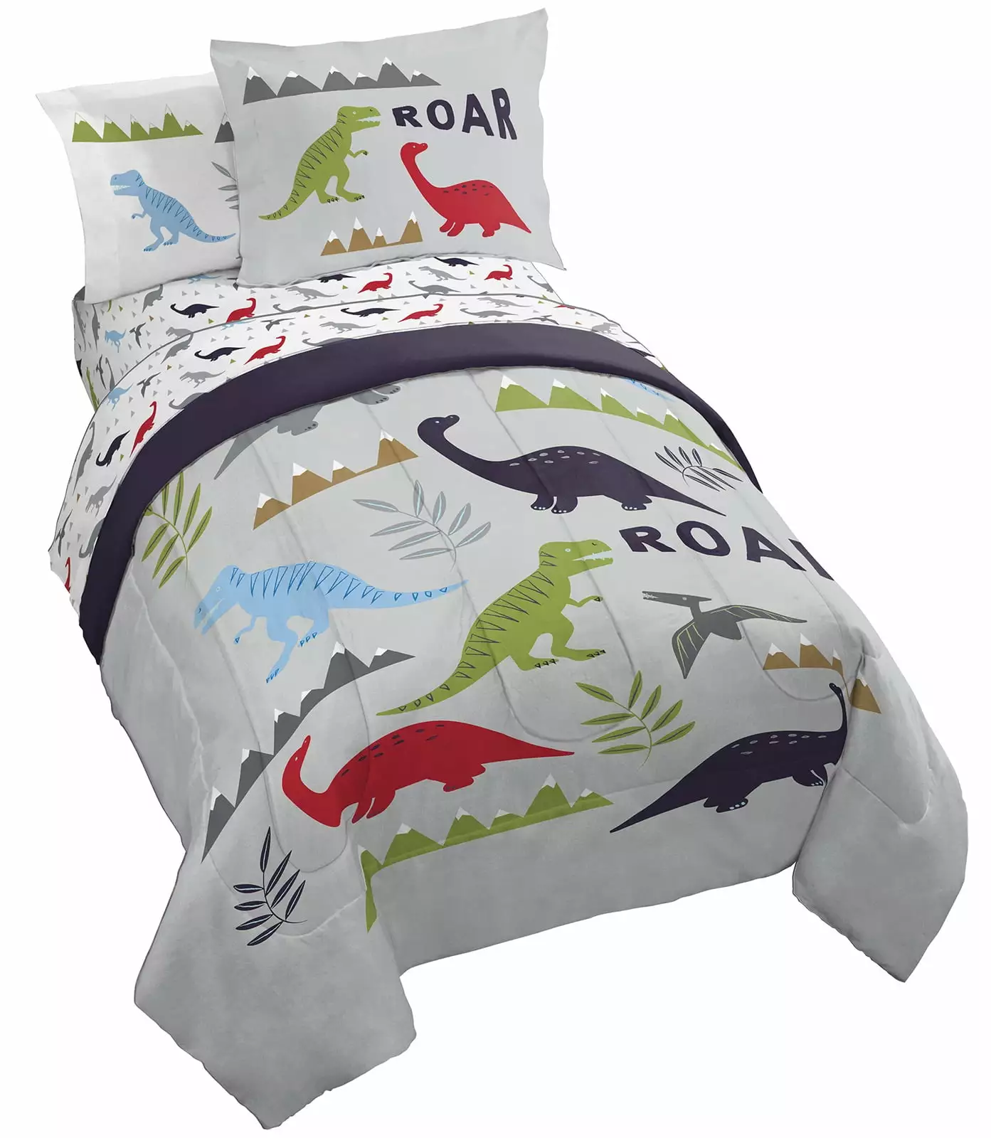 Trend Collector Dinosaur Roar 5 Piece Twin Bed Set. 100% Microfiber. Grey