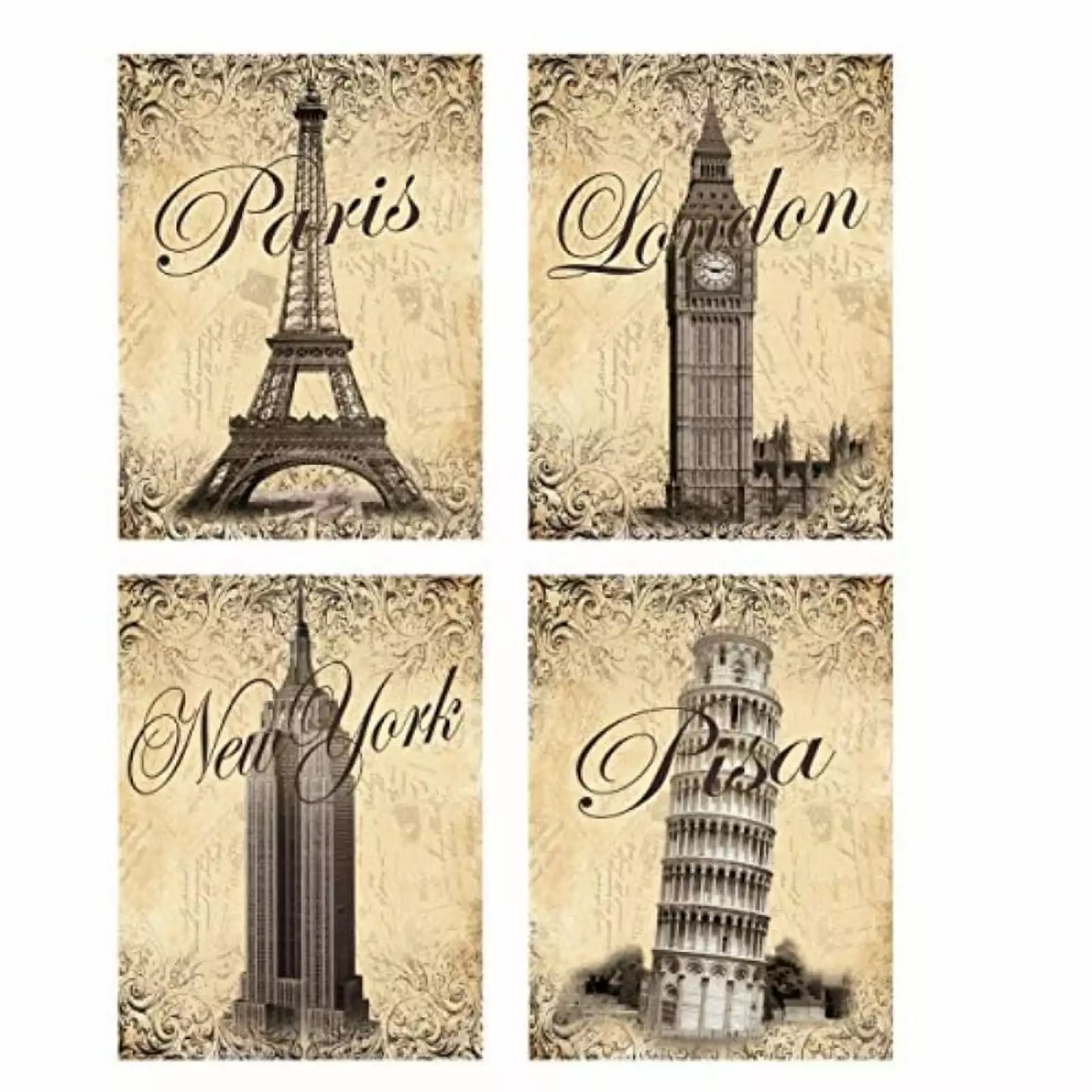 Trendy Monument Postcard Travel Prints; Paris. New York. London. Pisa; Four 11x14 Prints