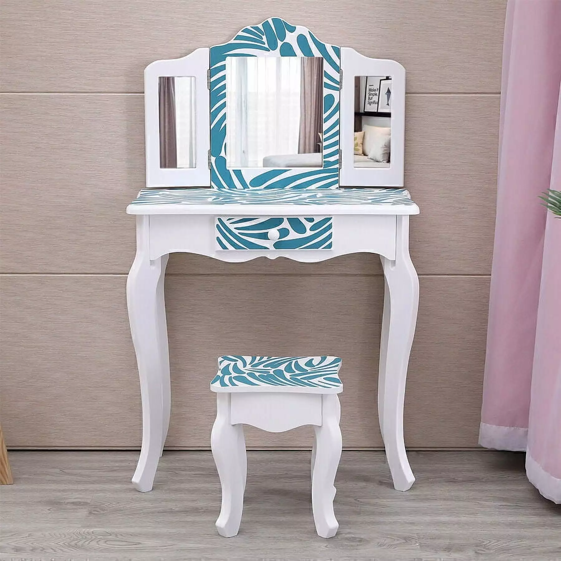 Tri Folding Mirror Children's Vanity Set. Makeup Table w/ Stool for Kids