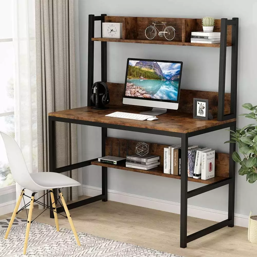 TribeSigns Computer Desk. Home Office Desk Study Desk with Hutch and Shelves for Small Space (Dark Brown)