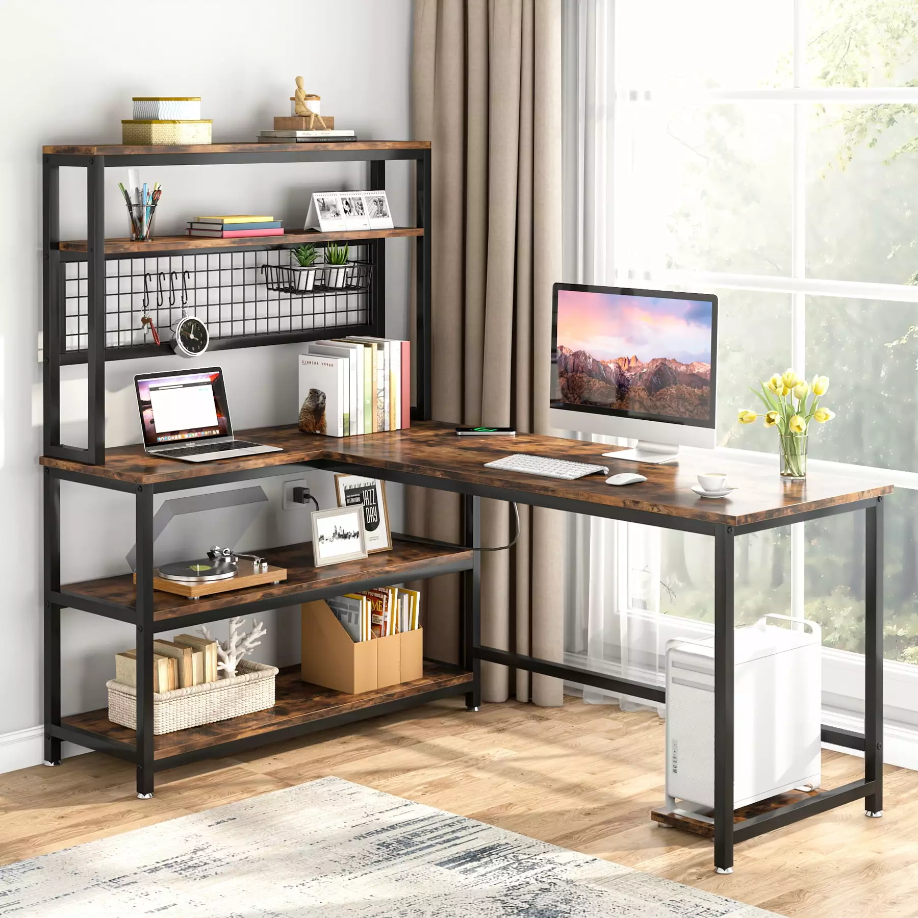 Tribesigns 55 Computer Desk with Wireless Charging. Industrial Study Writing Table with Hutch & Bookshelf for Home Office (Brown)