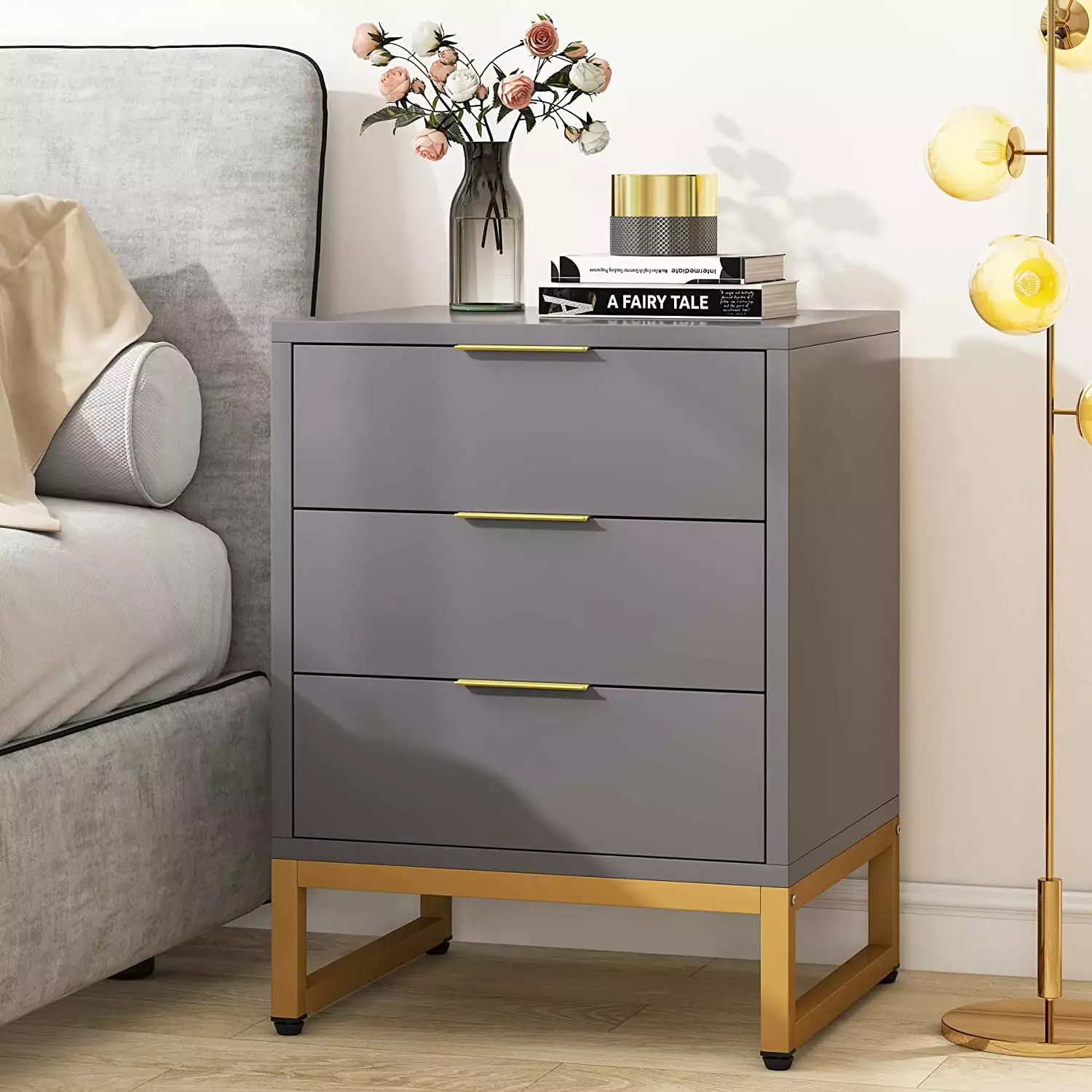 Tribesigns Nightstand with 3 Storage Drawers. Bedside Table with Metal Frame. Modern Side End Table for Bedroom Living Room. Gray/Gold