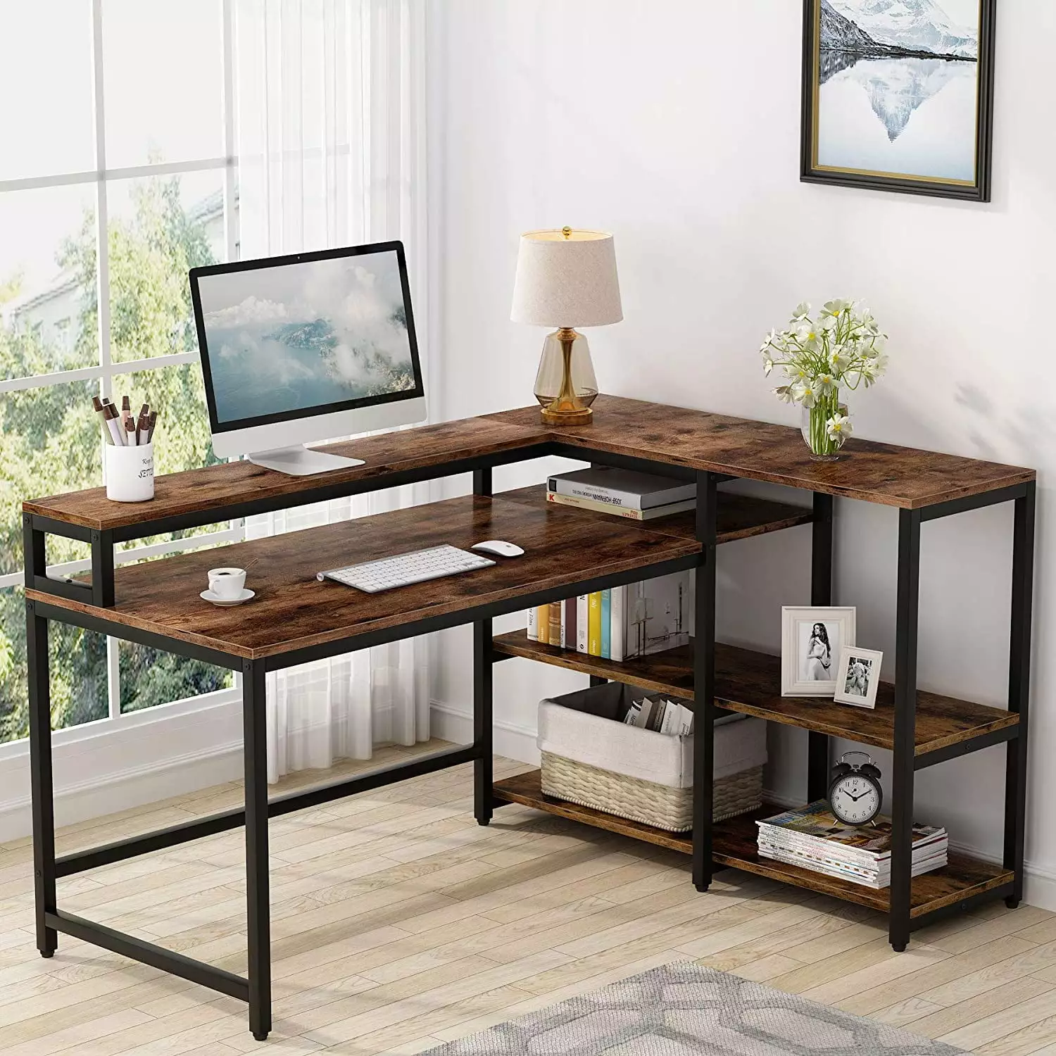 Tribesigns Reversible L Shaped Computer Desk with Storage Shelf. Industrial 55 Inch Corner Desk with Shelves and Monitor Stand. Study Writing Table for Home Office. Rustic Brown