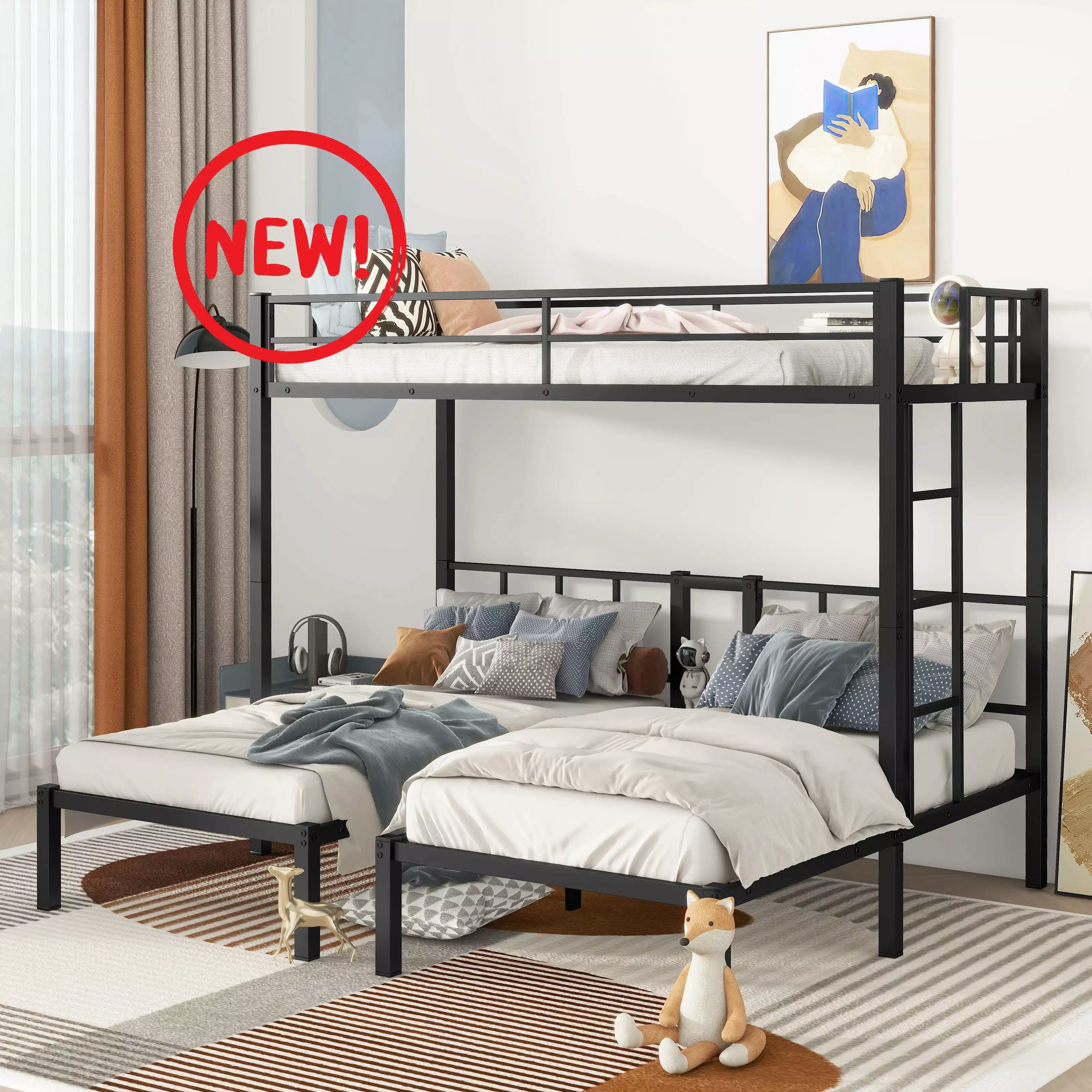 Triple Bunk Bed for 3. Twin Over Twin&Twin Metal Bunk Bed Frame Built-in Table. 3 Bunk Beds Can be Divided into 3 Separate Beds for Kids Teens Adults.Black