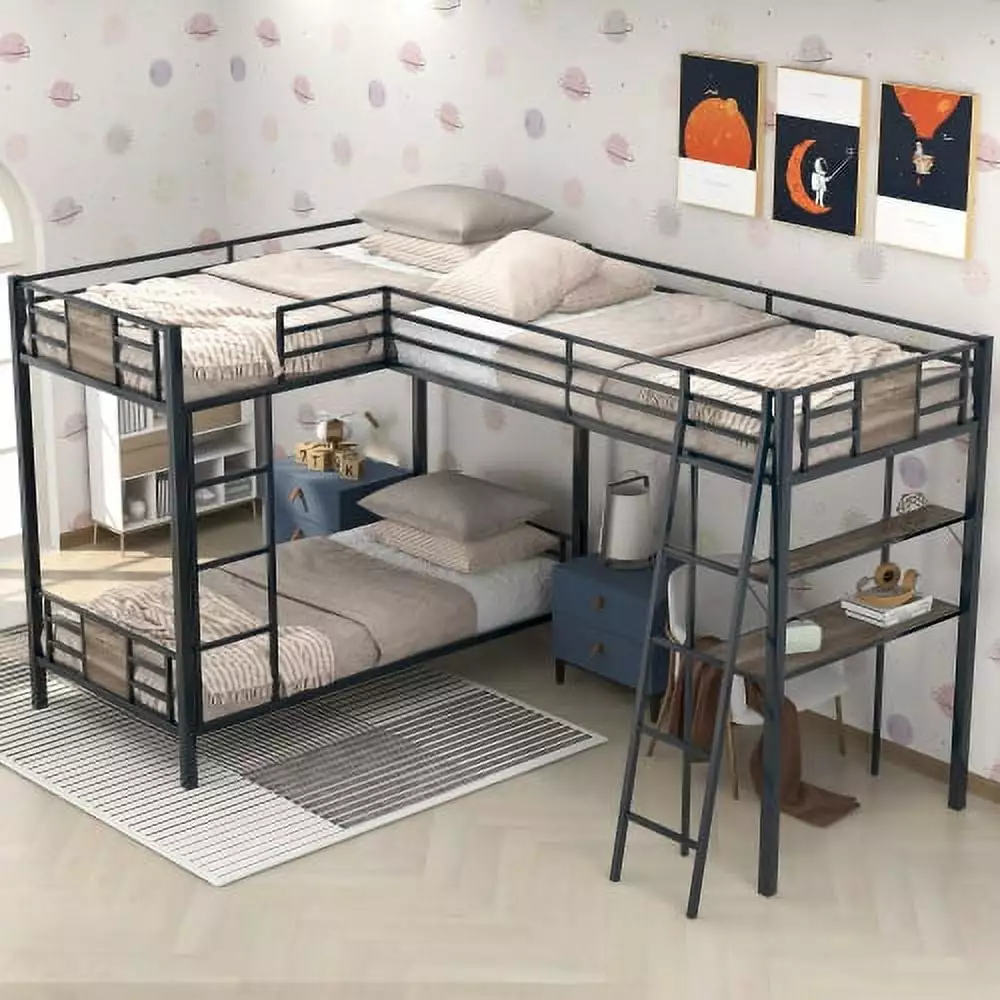 Triple Metal Bunk Bed.L-Shaped Metal Triple Bunk Bed with Desk and Shelf . Twin Over Twin Bunk Bed with Twin Loft Bed Attached . 3 Bed Bunk Beds for Small Space