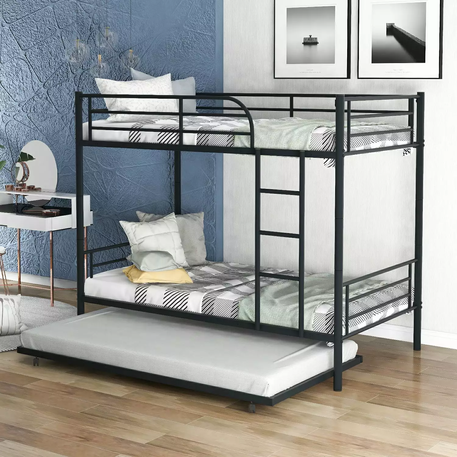 Triple Tree Metal Bunk Bed with Trundle. Twin-Over-Twin. Black