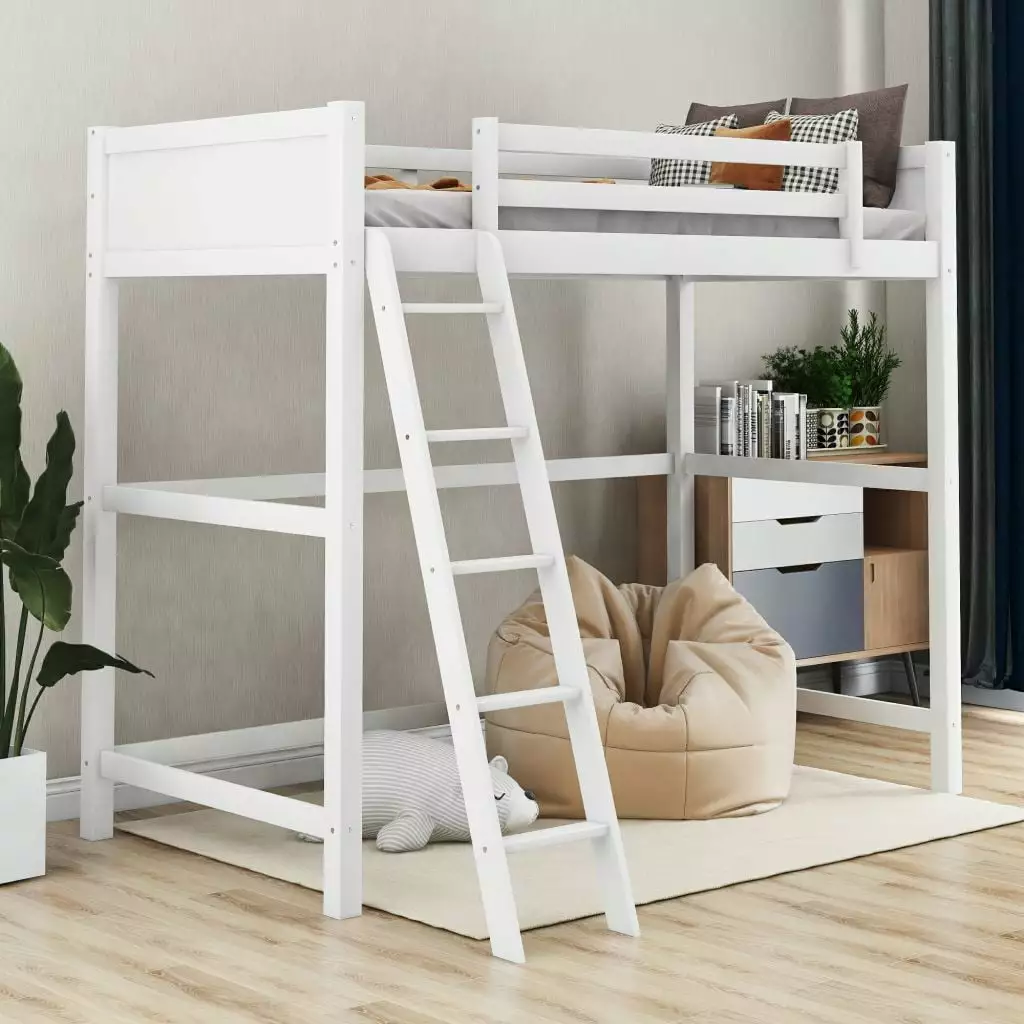 Triple Tree Wood Loft Bed for Kids. Twin Size Loft Bed Frame with Ladder and Guardrail. Space-Saving and No Spring Box needed. White