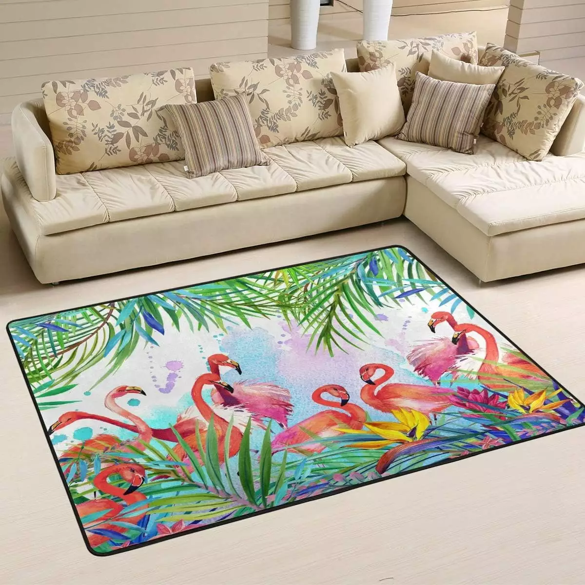 Tropical Flowers Bird Leaves Flamingos Area Rug 4x6 Modern Soft Rugs Indoor Decorative Floor Carpet Nursery Rugs Non-Slip Rectangle Mat for Living Room Entryway Bedroom Decor Kids Playing Room