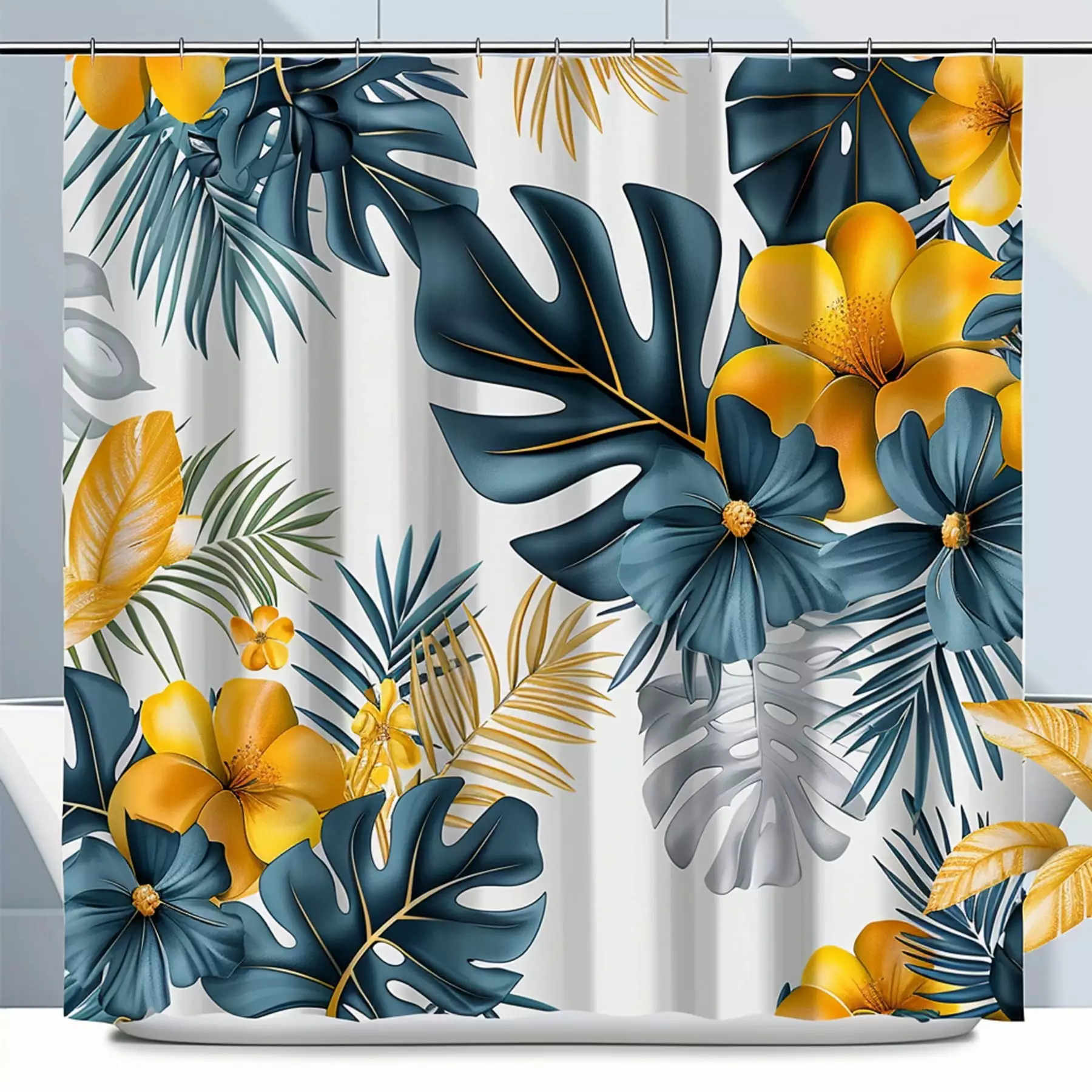 Tropical Rainforest Flower Blue and Yellow Shower Curtain with Boho Style Decor Modern Home Art Decoration for Bathroom