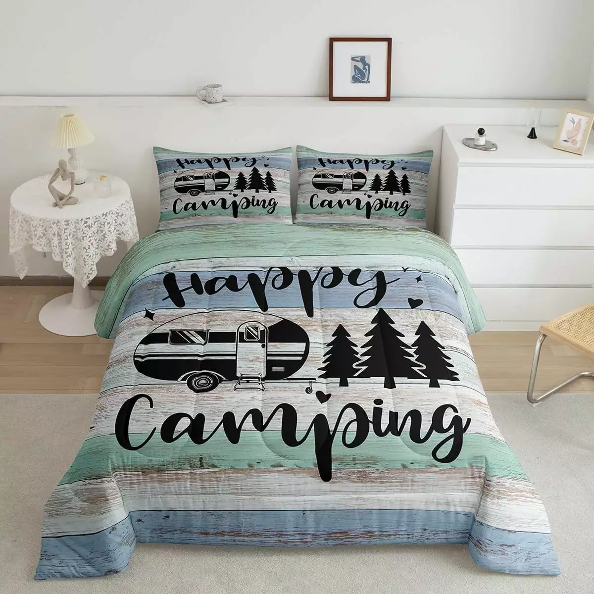 Truck Camper Accessories Comforter Set.Camper Bedding Sets Youth Teens.Happy Camping Duvet Bedding Comforters RV Inside Decor.Birthday Gifts for Boys Girls Camper Lovers.Full Size