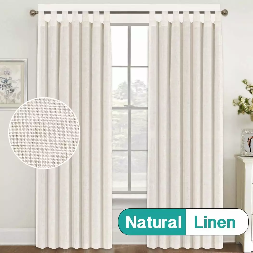 Turquoize Natural Linen Blended Curtains Semi-Sheer Tab Top Privacy Added Window Treatments Drapes for Bedroom/ Living Room(2 Panels). 52 by 96 Inches. Natural