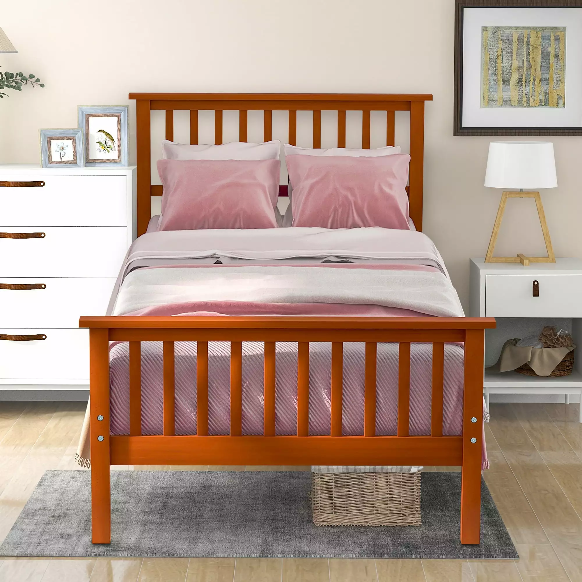 Twin Bed Frame. BTMWAY Wood Platform Bed with Headboard and Footboard. No Box Spring Needed. Bedroom Twin Size Bed Frame for Kids Teens Adult. 275lbs Capacity. Oak