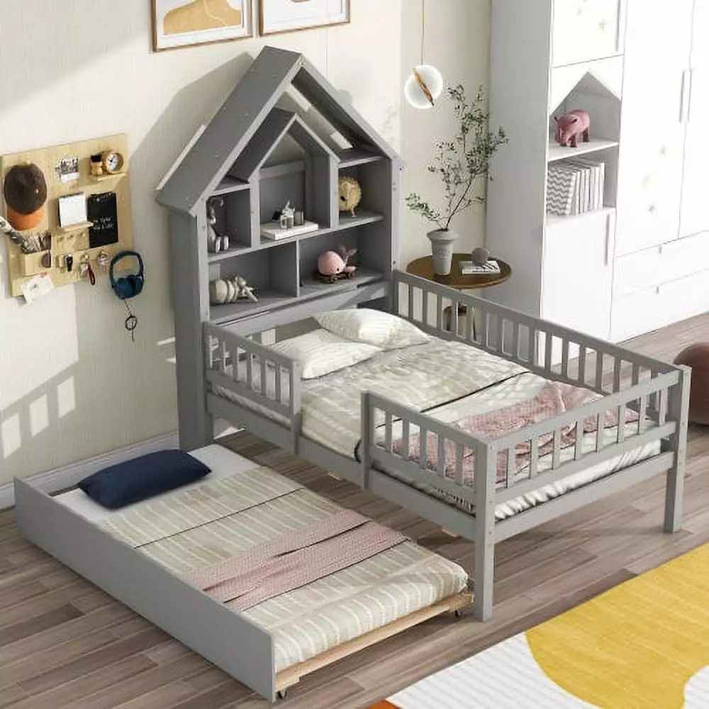 Twin Bed Frame with Fence Railings and Trundle. Wood Twin Size Platform with House Shaped Storage Headboard for Boys Girls. Montessori Safety Guardrails Design. No Box Spring Needed. Gray