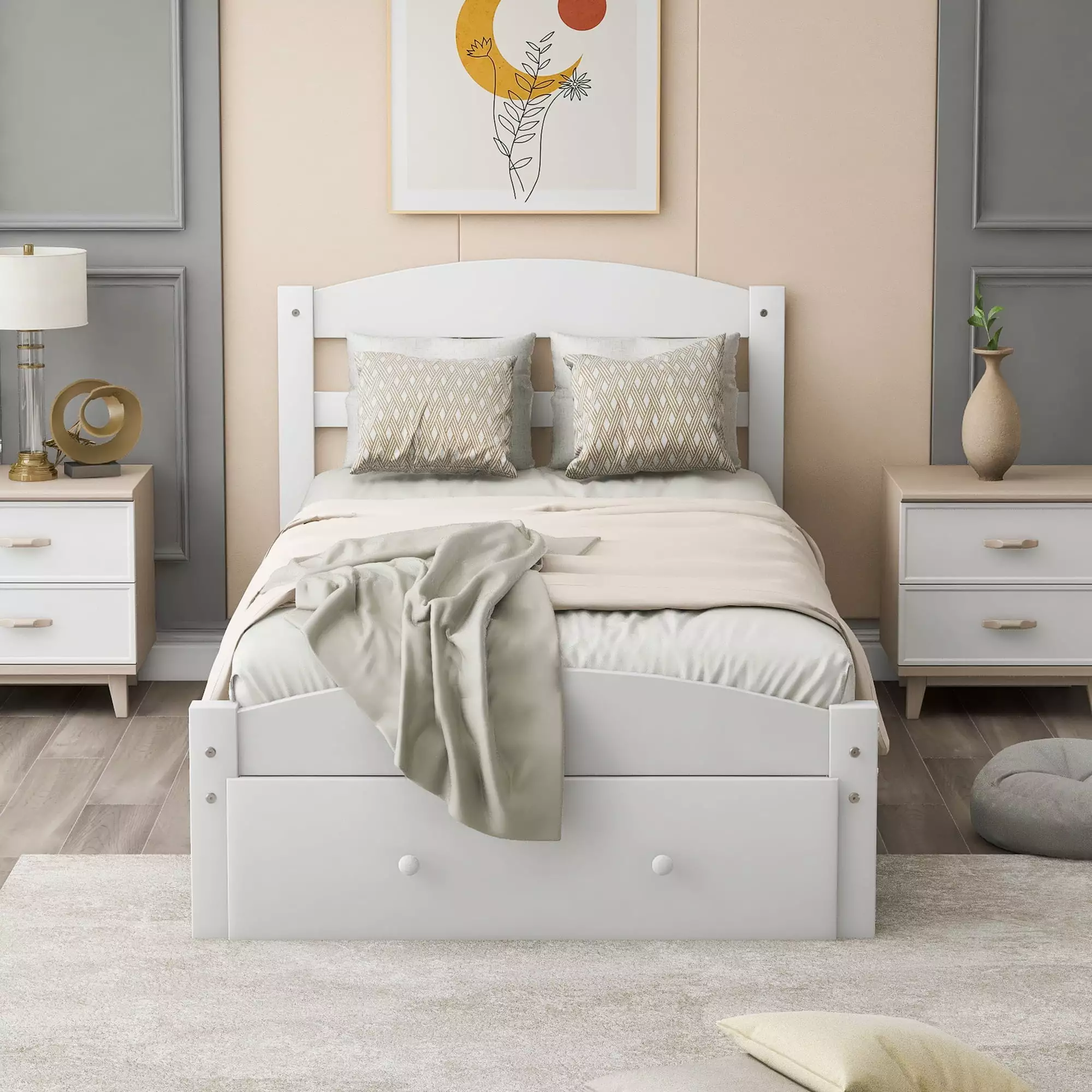 Twin Bed Frame for Kids. Upgrade Pine Wood Bed Frame with Headboard and Footboard. Modern Kids Bed Furniture for Bedroom with Storage Drawer. Holds 275 lb. No Box Spring Needed. White. Q6224