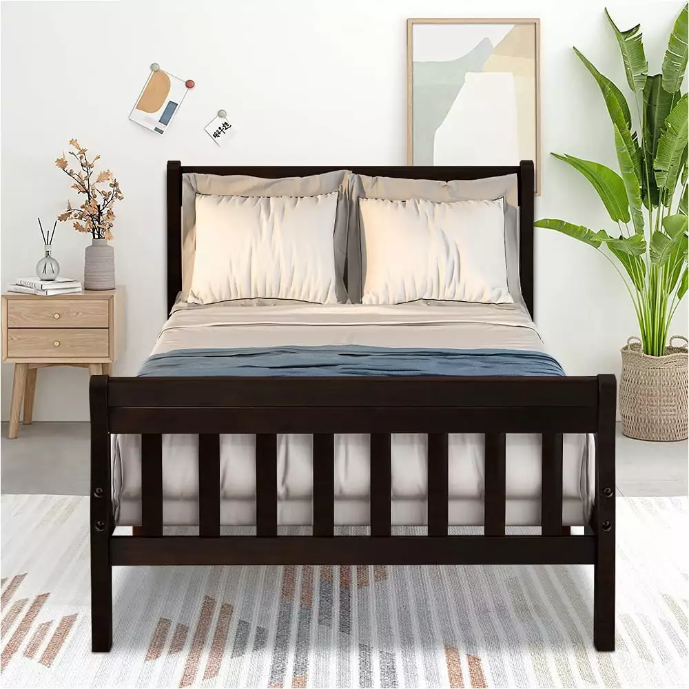 Twin Bed Frame. Modern Wood Platform Bed Frame with Headboard and Footboard. Twin Bed with Soild Wood Slat Support for Adults Teens Children. Bed Frame No Box Spring Needed. I8847