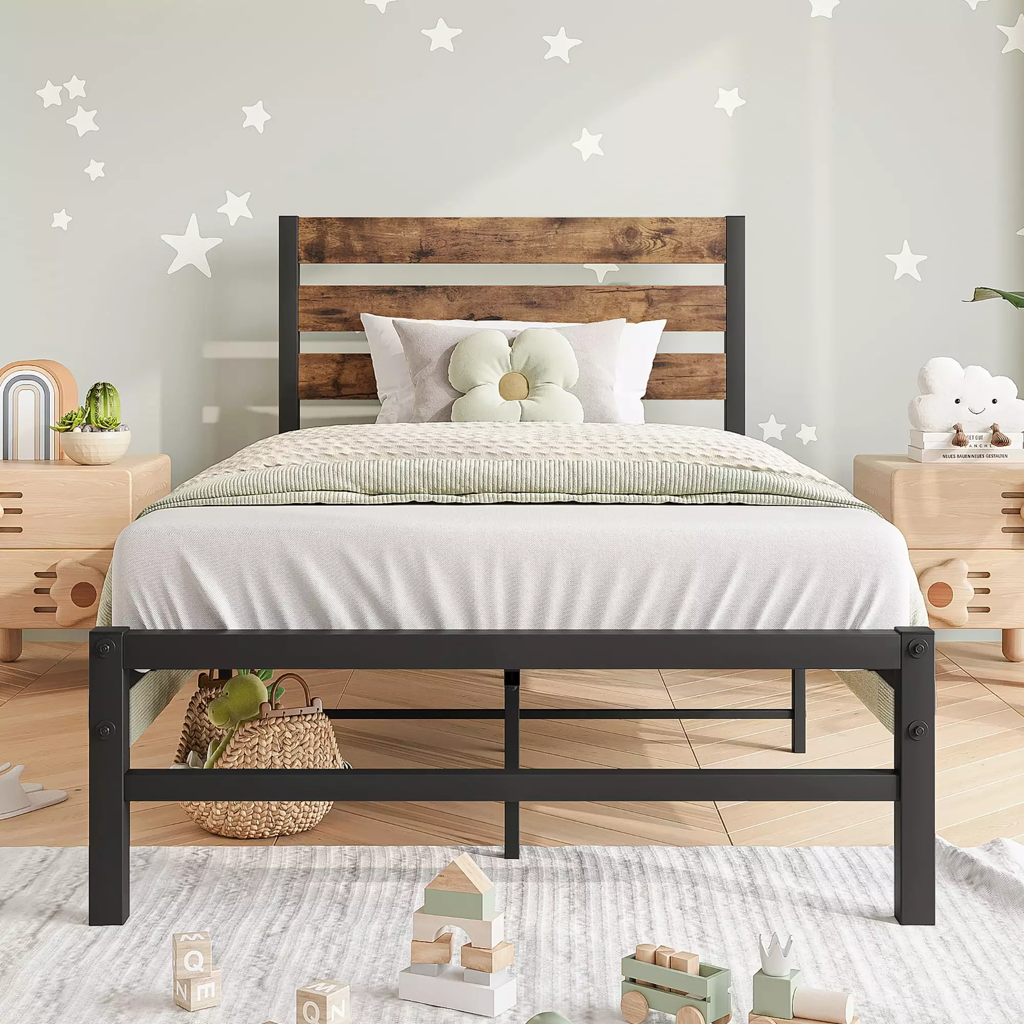 Twin Bed Frame. New Upgraded Metal Twin Size Platform Bed with Headboard and Footboard. Modern Bedroom Furniture Single Bed Frame with Wooden Feet. 300lbs Capacity. No Box Spring Needed. Brown