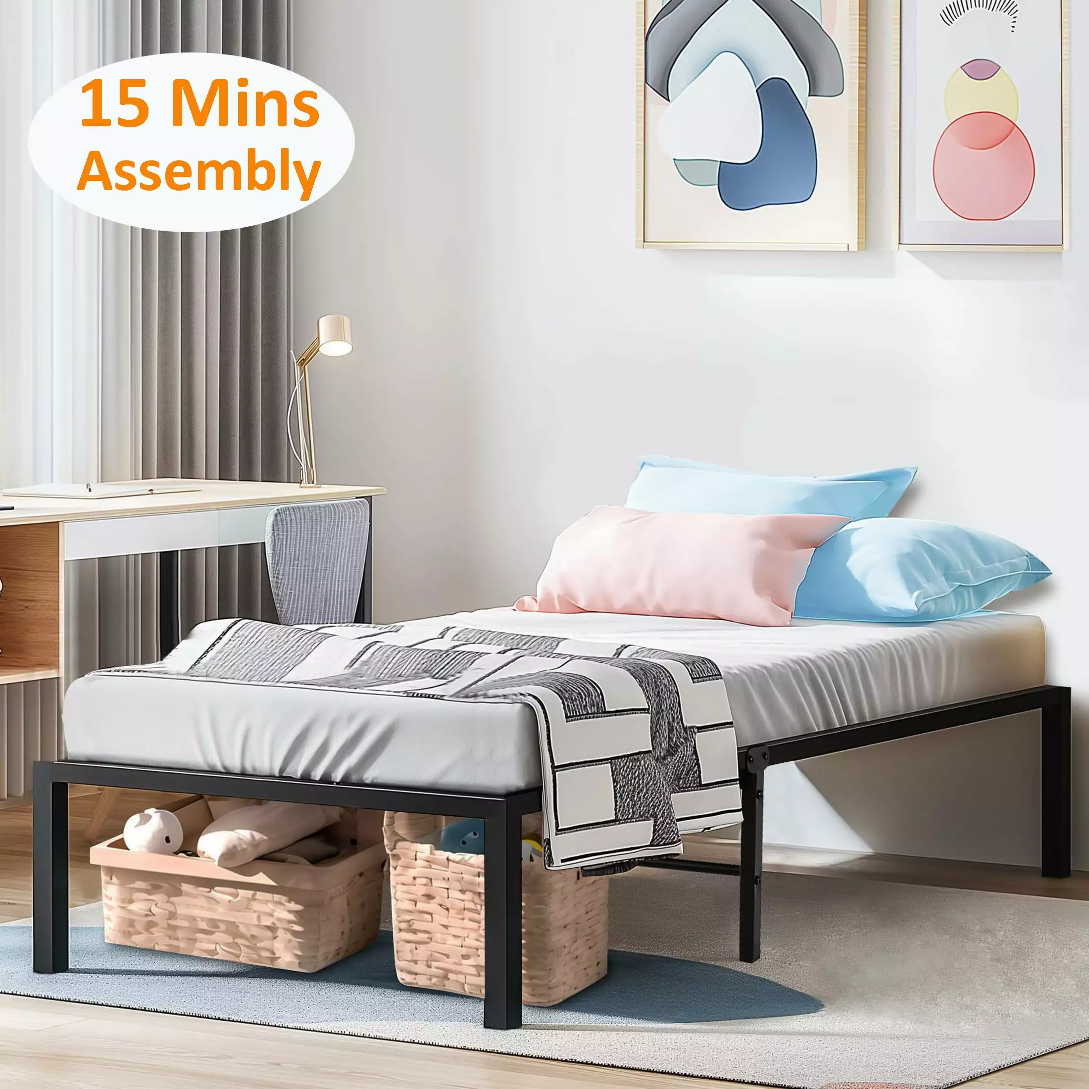 Twin Frame No Box Spring Needed. Heavy Duty Metal Twin Bed Frame with 13in Under Bed Storage. Twin Size Metal Platform Bed Frame for Kids Boys Girls. Metal Slat Support. Easy Assembly. Black