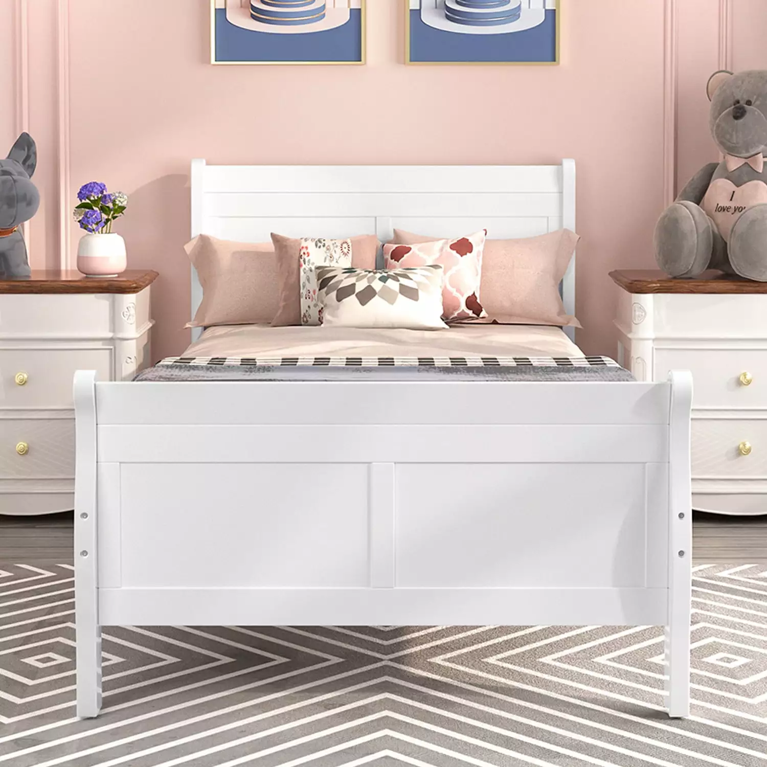 Twin Bed Frame No Box Spring Needed. Wood Platform Bed Frame with Headboard and Footboard. Strong Wooden Slats. Twin Bed Frames for Kids. Adults. Modern Bedroom Furniture. White. W9772