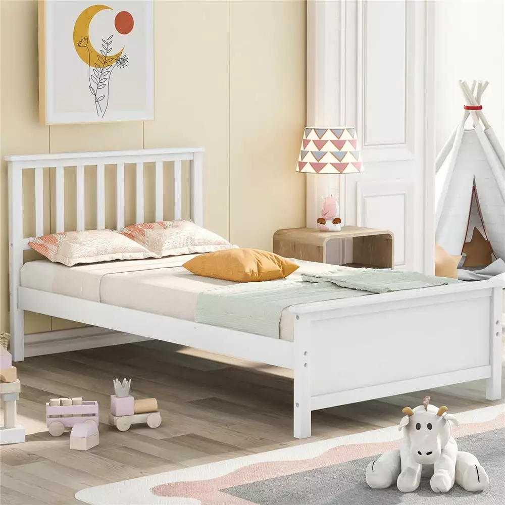 Twin Bed Frame. SEGMART Twin Platform Bed Frame with Headboard and Footboard. Modern Wood Twin Bed Frame Bedroom Furniture with Strong Wood Slat for Kids Adult Teens. No Box Spring Needed. White