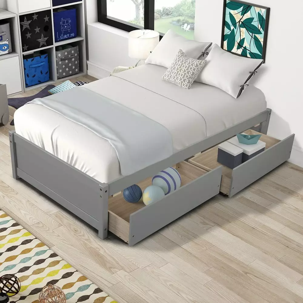 Twin Bed Frame with Storage. Twin Size Bed Frame for Adults Teens Kids. SEGMART Stylish Wooden Twin Bed Frame with Drawers/Wood Slat Support. Classic Twin Bed Frame No Box Spring Needed. Grey. H695