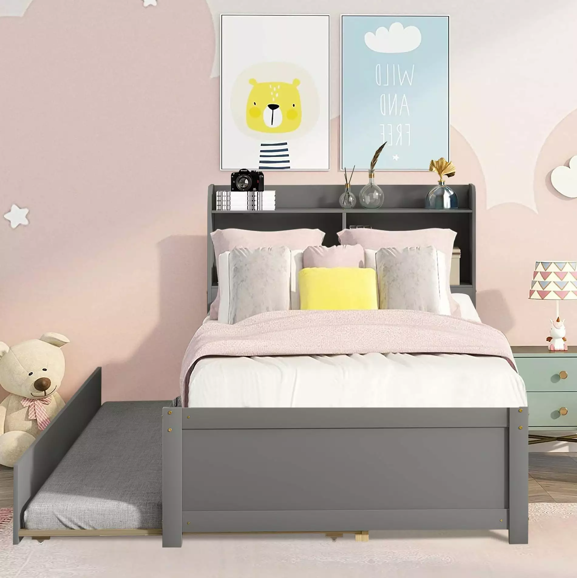 Twin Bed Frame with Headboard. Solid Pine Wood Platform Bed with Trundle Included for Kids Teens. Trundle Beds. Gray