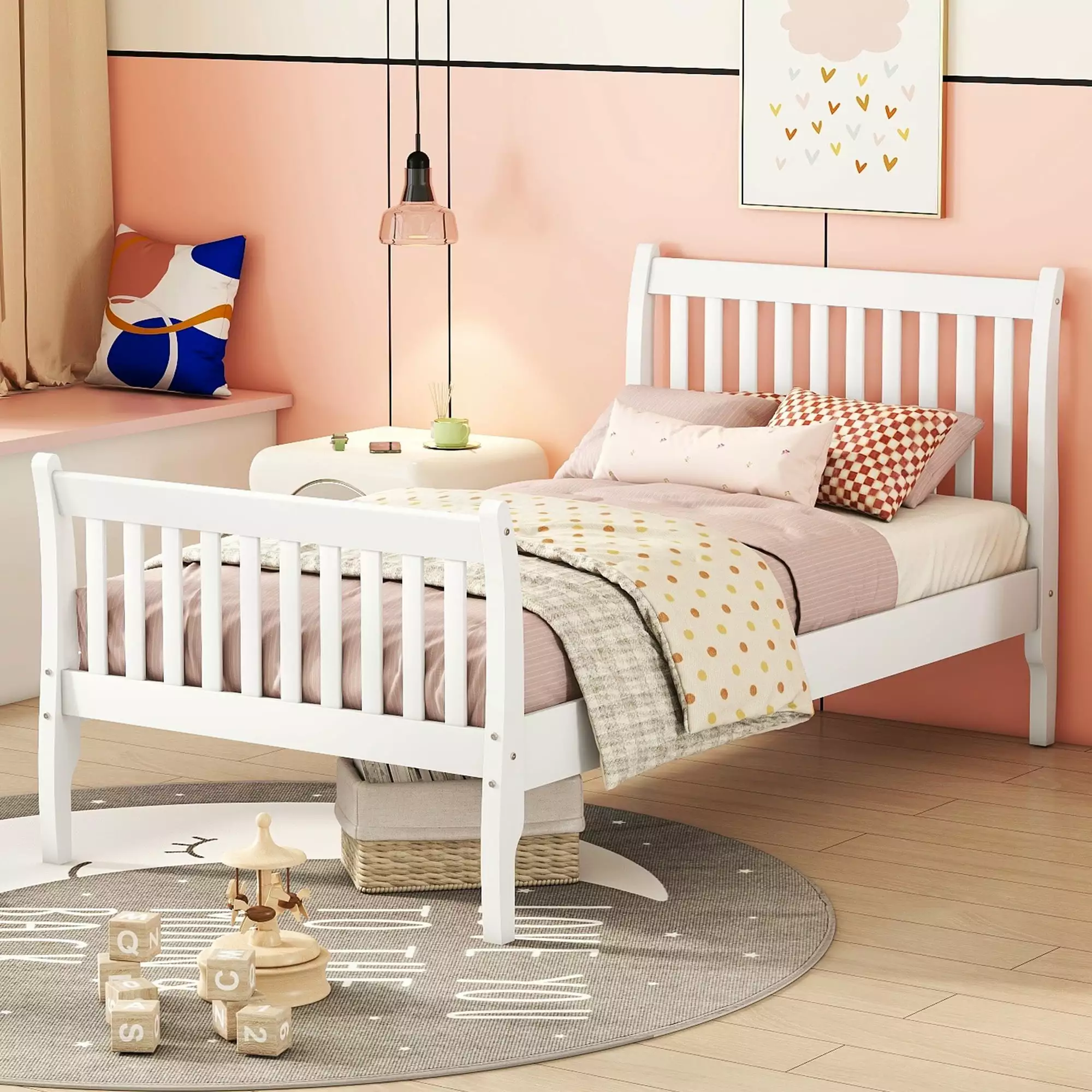 Twin Bed Frame with Headboard and Footboard. Solid Wooden Platform Bed with Slat Supports. Twin Size Beds for Kids Girls Boys (White)