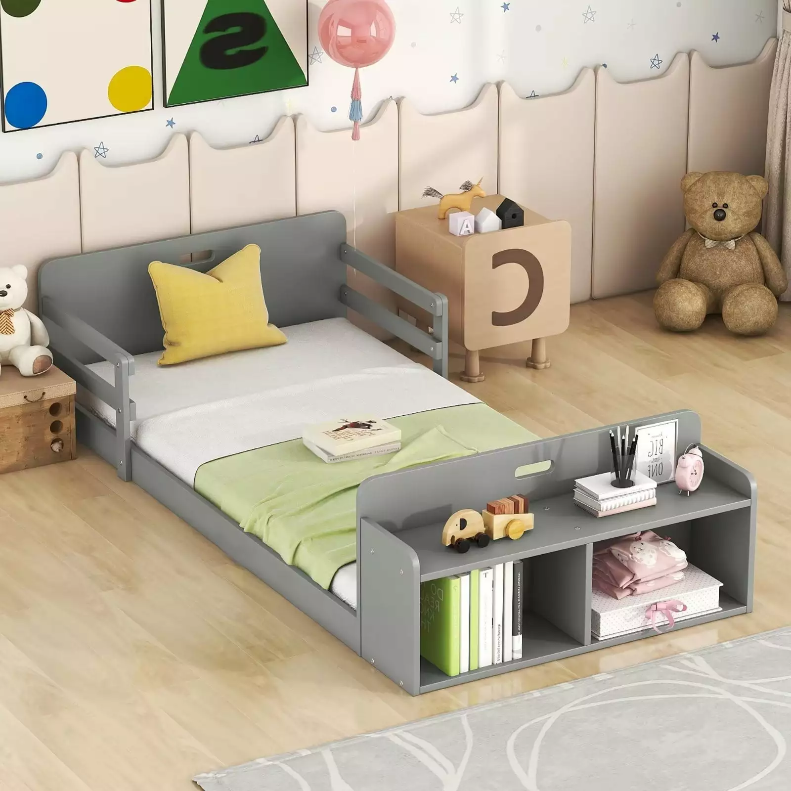 Twin Bed Frame with Storage Headboard. Solid Pinewood Montessori Floor Platform Bed with Rails For Children Boys Girls. Gray