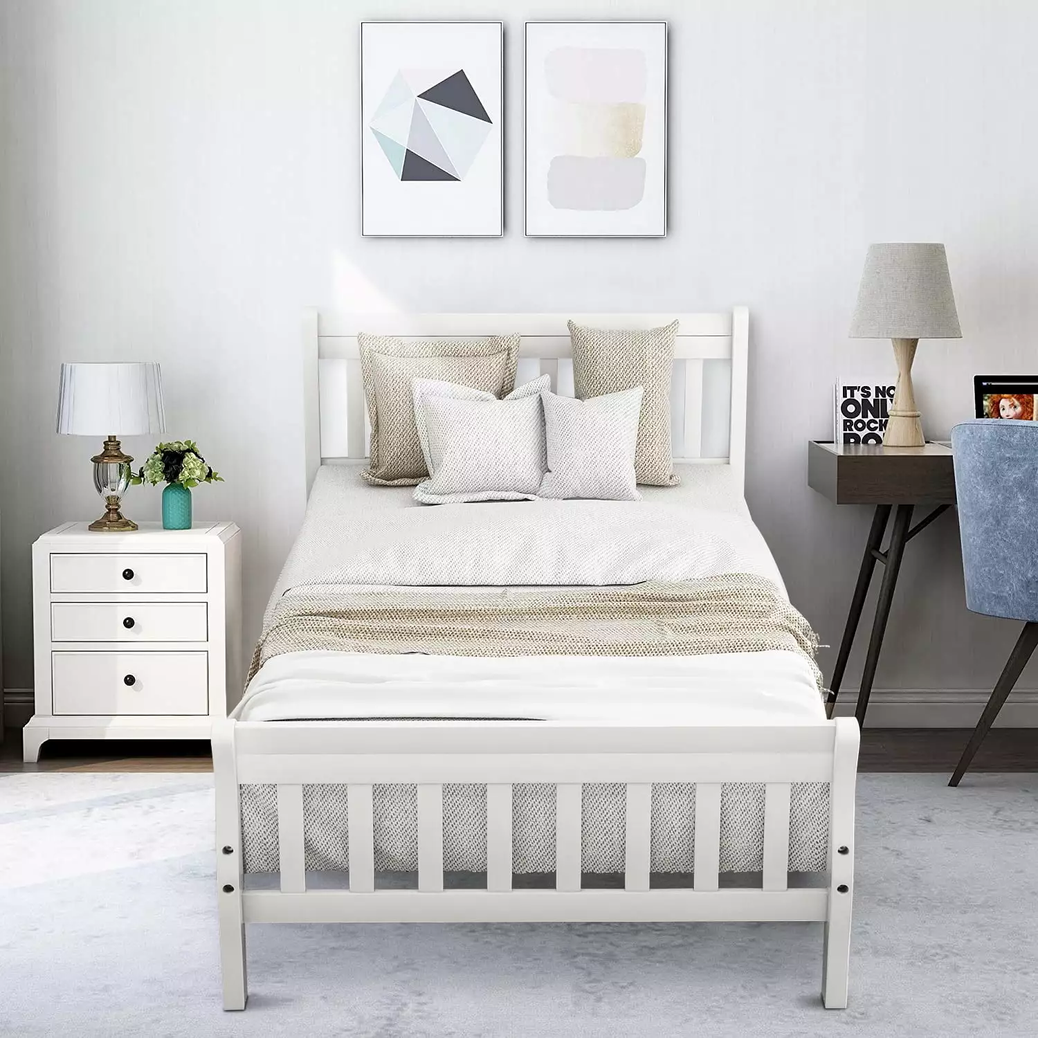 Twin Bed. Solid Wood Twin Bed Frame for Kids. Platform Bed Frame with Headboard and Footboard. Classic Twin Size Bed Frame with Wood Slats Support. Holds 200 lb. No Box Spring Needed . White. Q11745