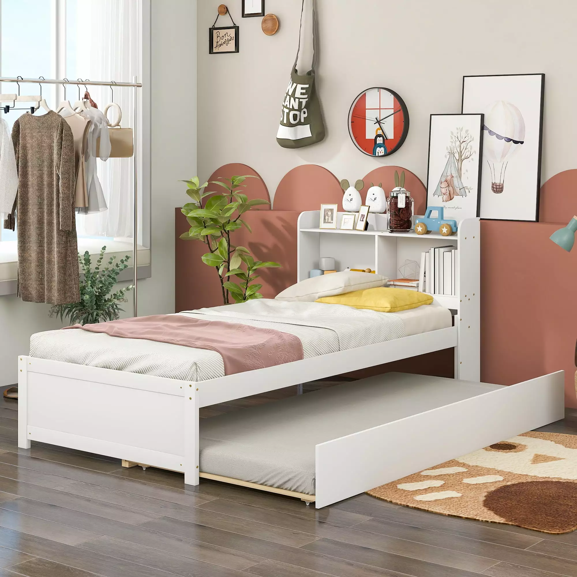 Twin Bed with Trundle and Storage. BTMWAY New Upgraded Wood Platform Bed Frame with Headboard Bookcase. No Box Spring Needed. Modern Space Saving Twin Size Bed Frame for Kids Teens Adults. White