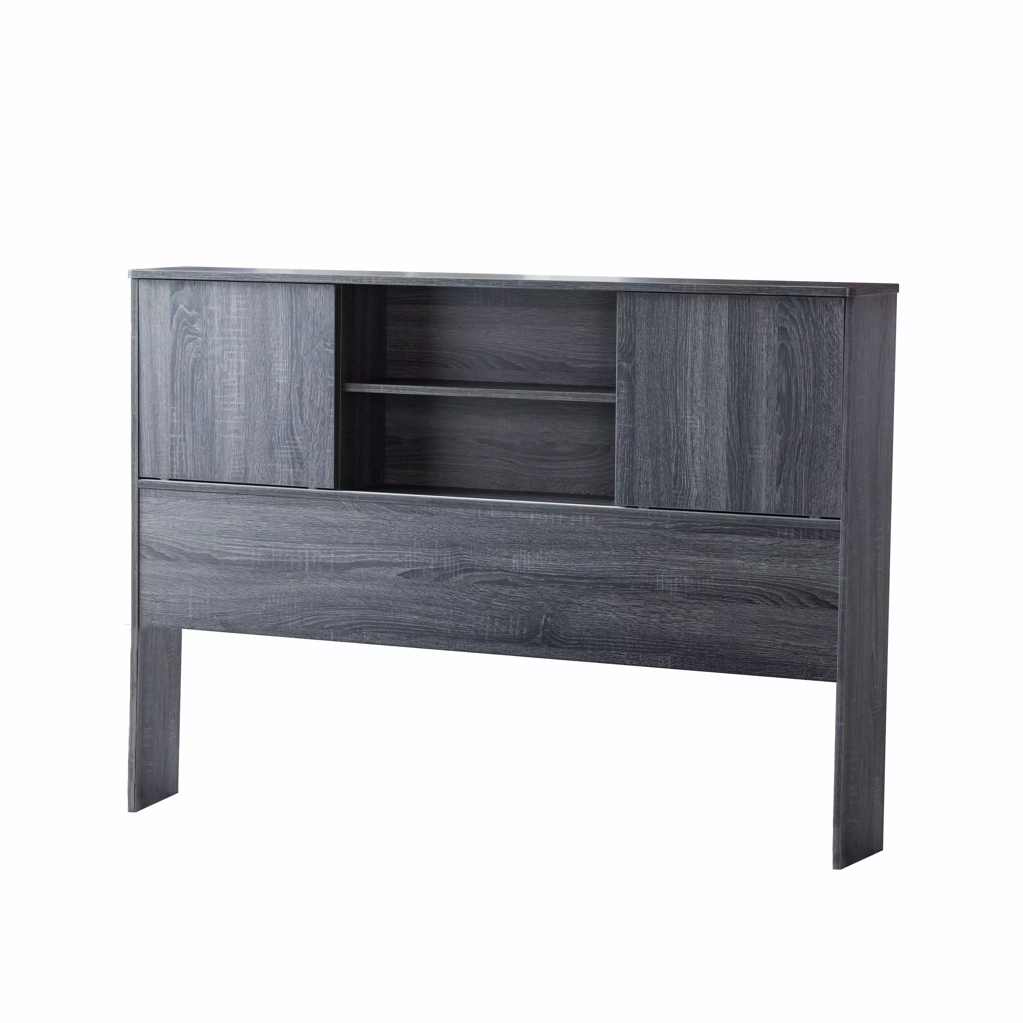 Twin Bookcase Headboard with 2 Sliding Doors. Distressed Gray