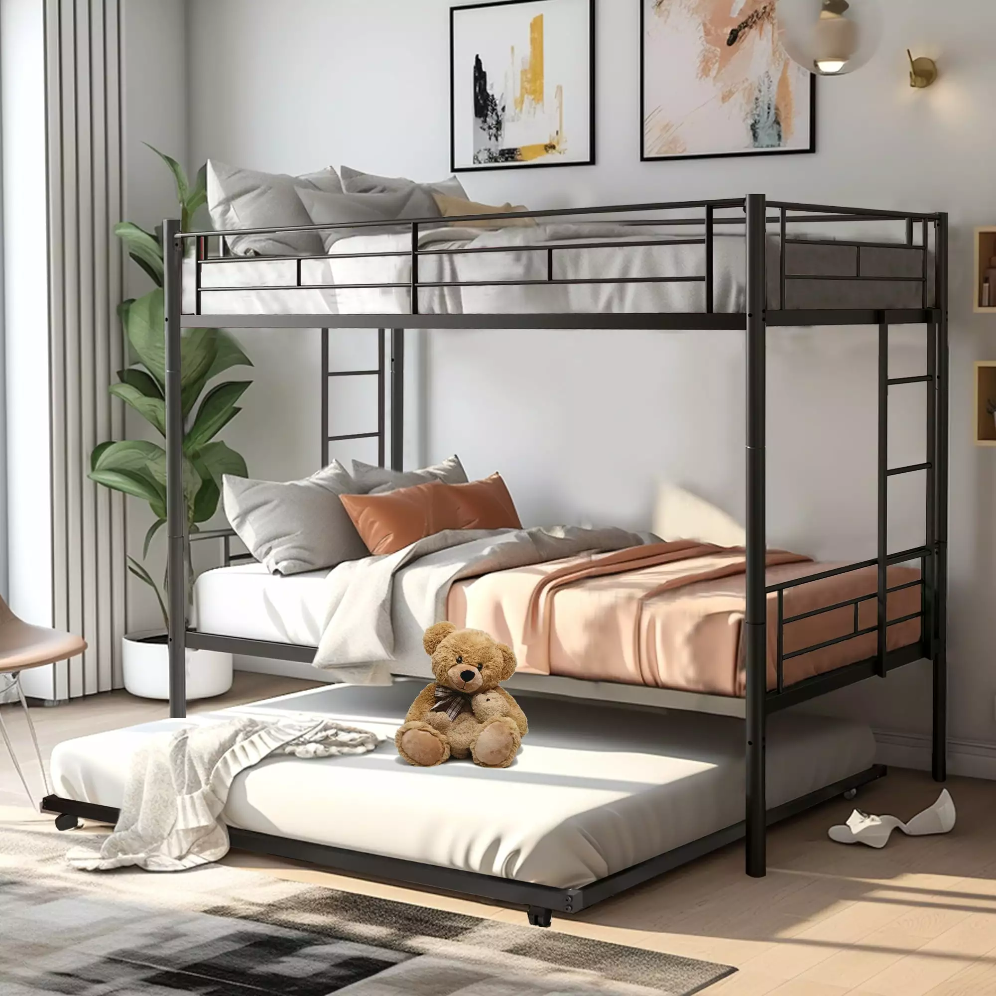 Twin Bunk Bed with Trundle. Metal Bed Frame Bunk Beds for Kids Teens Adult with Ladder and Safety Guardrails. Black Twin Over Twin Bunk Bed Can be Split into 3 Twin Bed. TE736