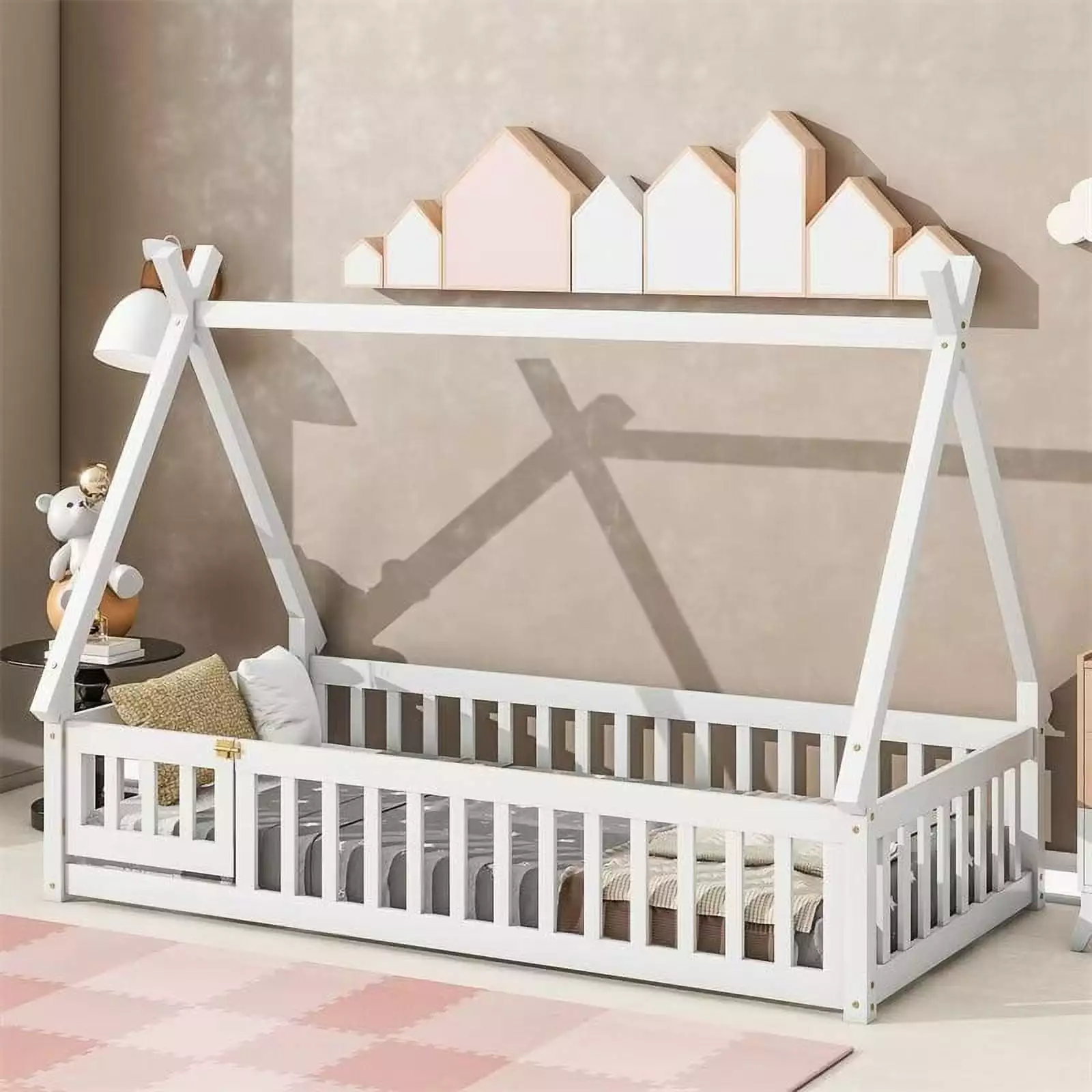 Twin Floor Bed with Fence and Door. Wooden Montessori Bed Frame with Sturdy Slats Support. Tent-Shaped House Teepee Bed with Triangle Structure. Bedroom Furniture for Boys Girls. White