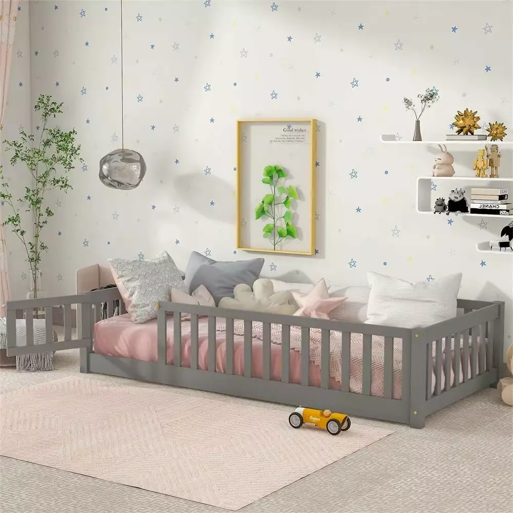 Twin Floor Bed Frame for Kids Toddlers. Wooden Montessori Bed with 7 Wood Slats. Fence-Shaped Guardrails and Door for Boys Girls Bedroom Playroom. No Box Spring Needed. Gray