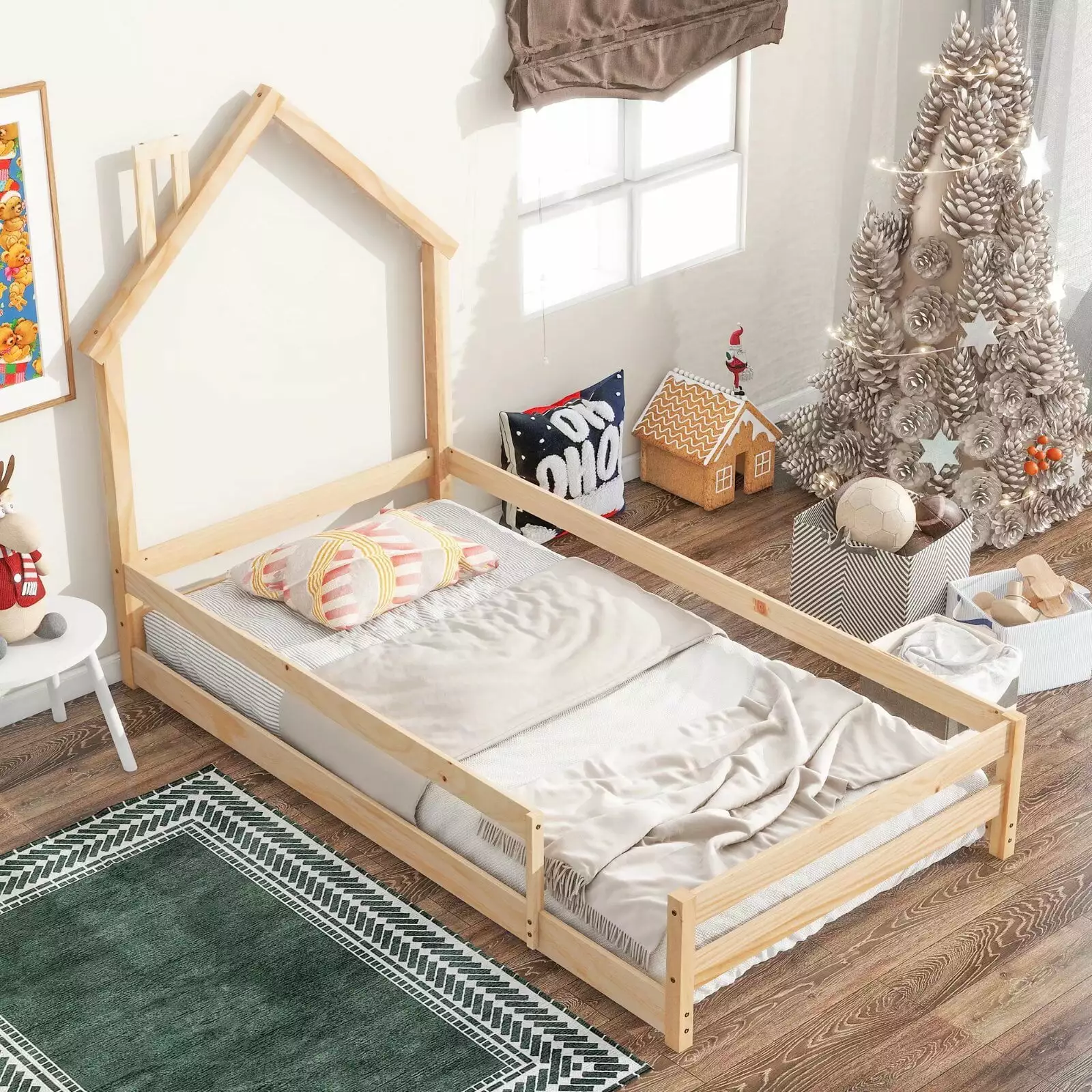 Twin Floor Bed Frame for Kids. Wooden Montessori Bed with House-shaped Headboard and Fence Guardrail. Cute Twin House Bed Frame for Boys Girls. No Weight Limit. Natural