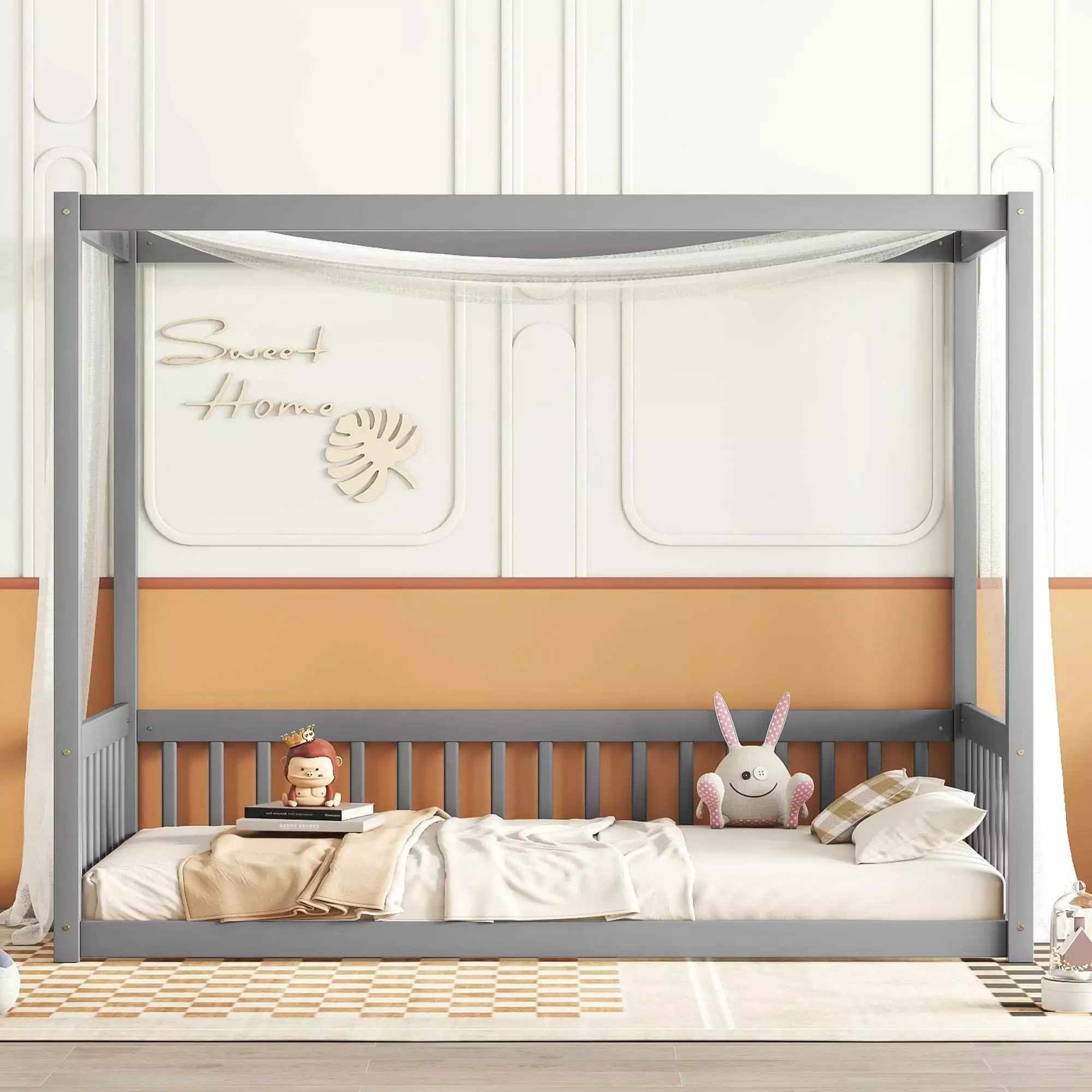 Twin Size Canopy Frame Floor Bed. Wood Platform Bed Frame with Fence. Minimalistic Sturdy Kids' Floor Bed. Twin Floor Bed Frame for Boys Girls. No Box Spring Needed. Gray