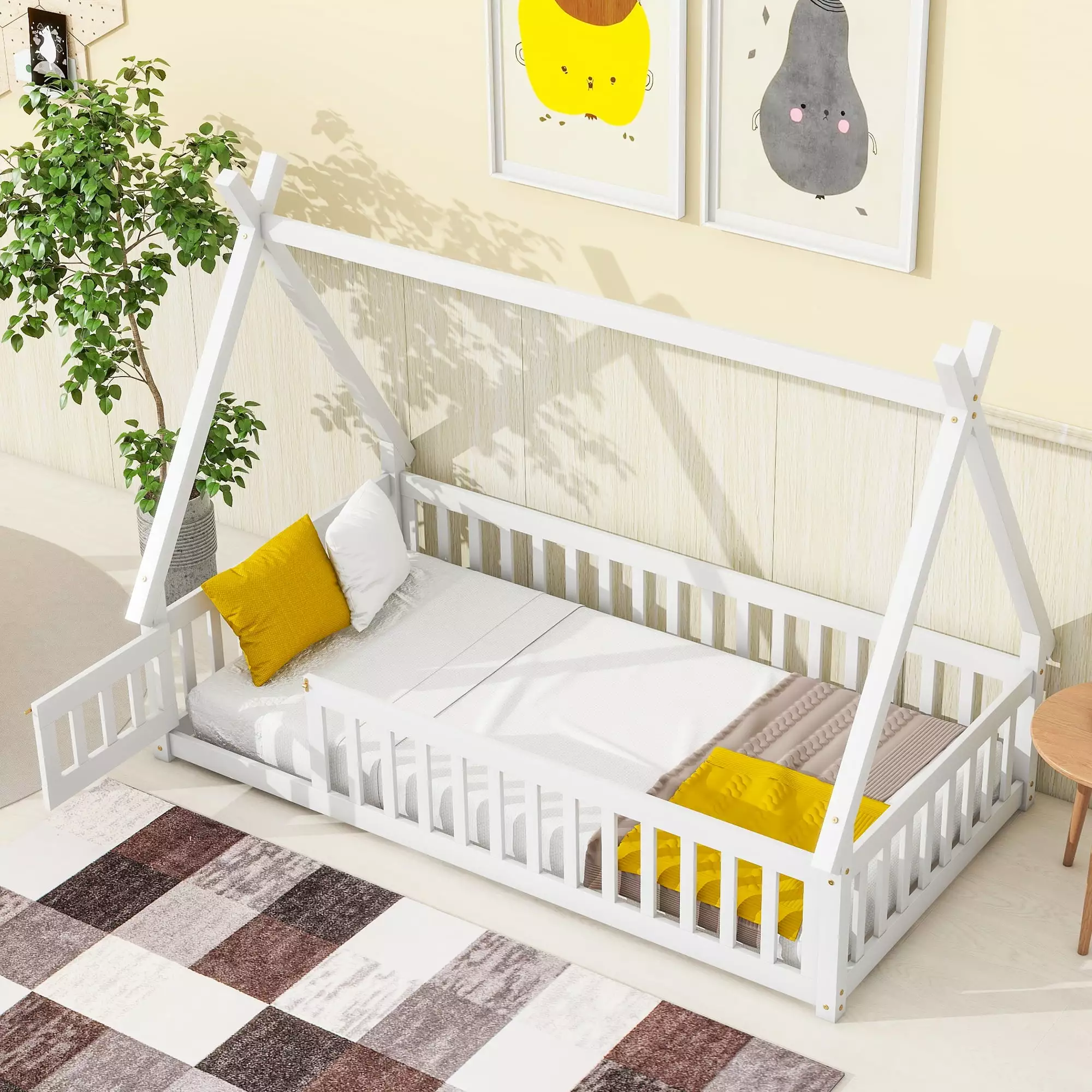 Twin Floor Bed for Kids. PAPROOS Wood Twin Size House Toddler Floor Bed with Fence and Door. Twin Size Playhouse Floor Bed. Kids House Fence Bed Wood Montessori Bed. for Toddler. Boys. Girls. White