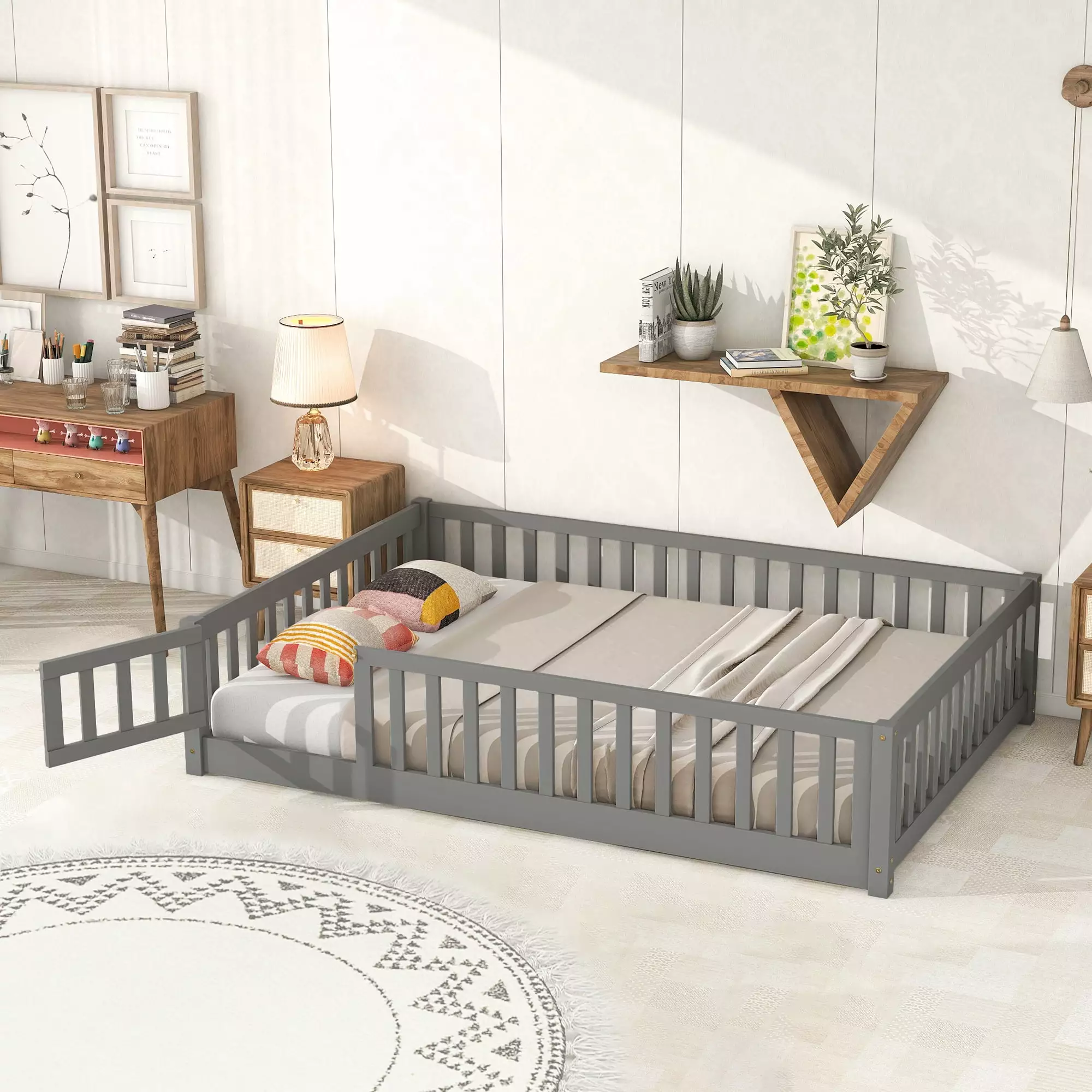 Twin Floor Bed for Kids. Sturdy Wood Montessori Bed Frame with Wood Slats. Fence & Door. Montessori Floor Bed for Girls and Boys. Gray (with Bed Slats)